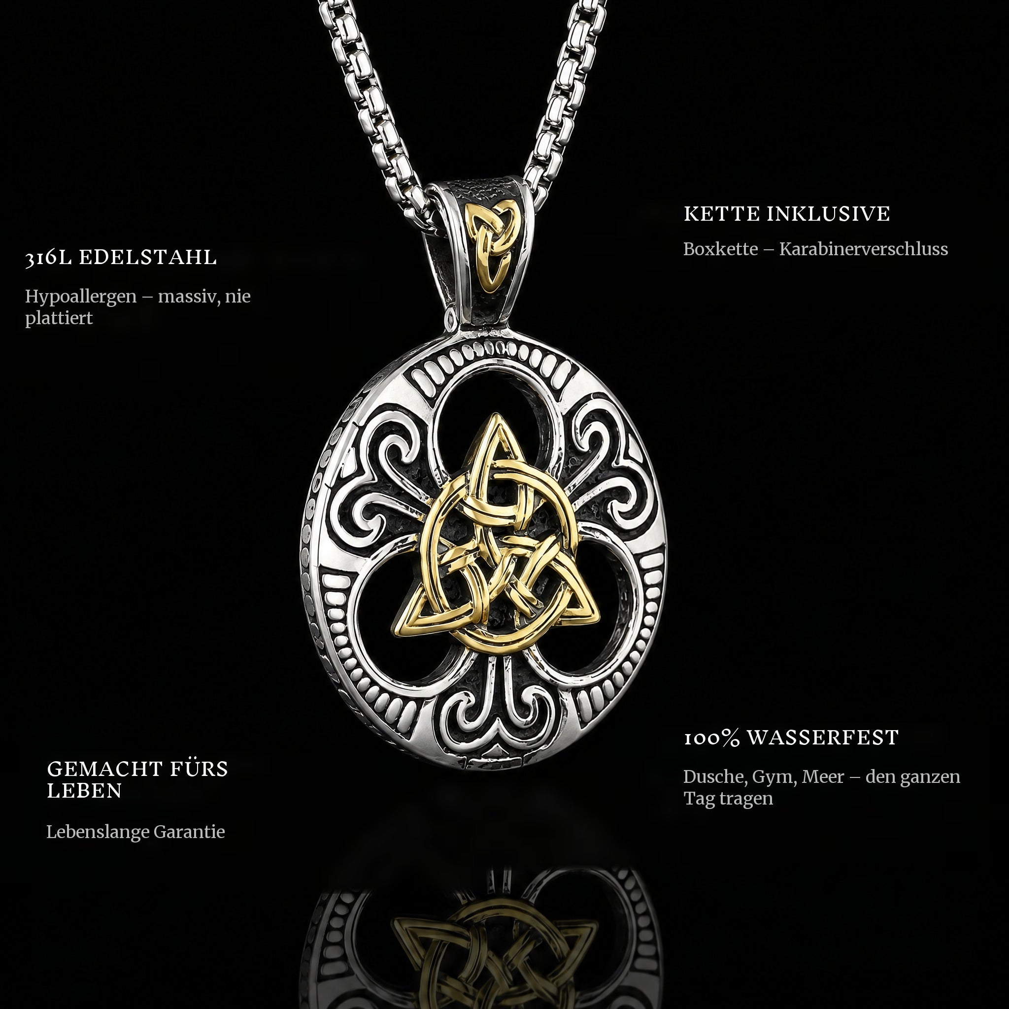 Golden pendant features: 316L stainless steel, chain included, 100% waterproof, lifetime guarantee