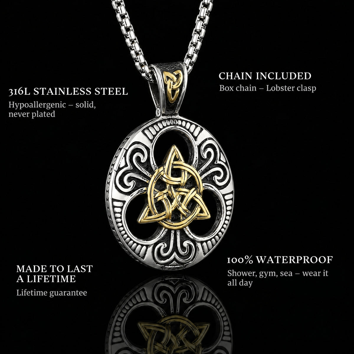 Golden pendant features: 316L stainless steel, chain included, 100% waterproof, lifetime guarantee