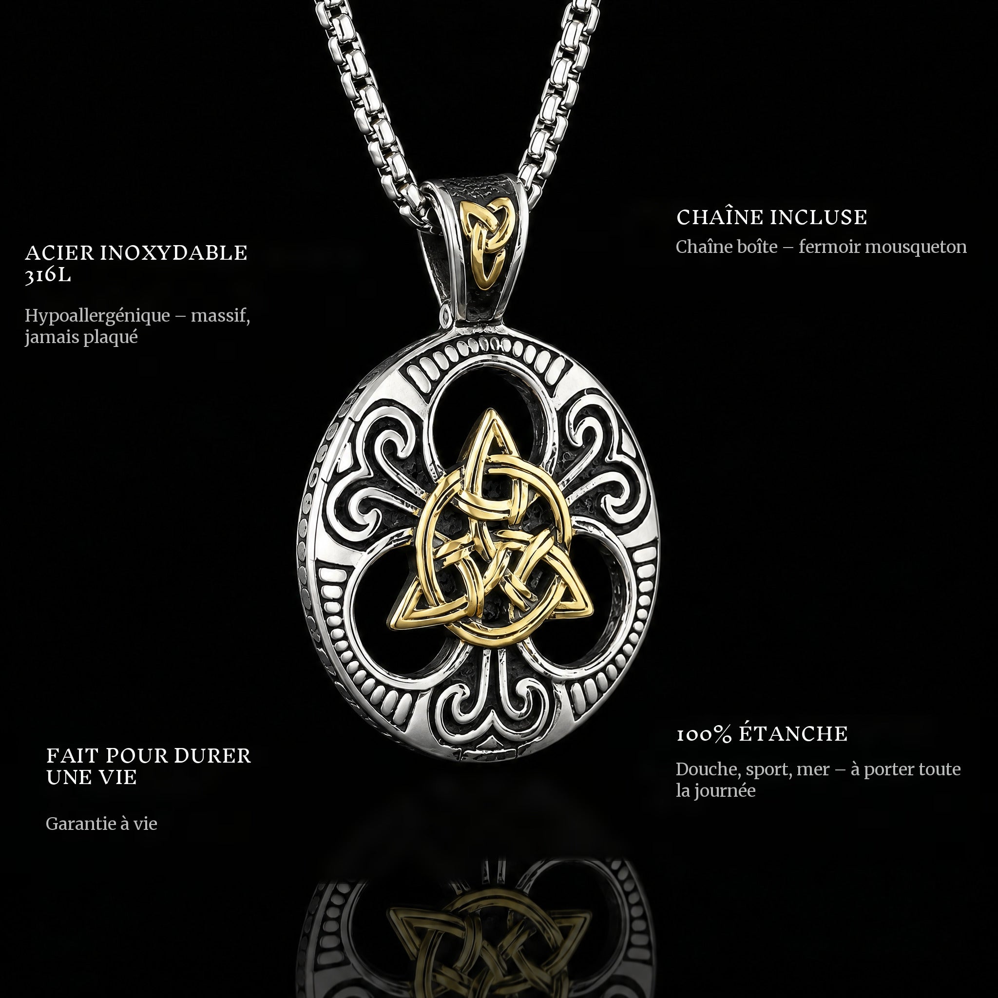 Golden pendant features: 316L stainless steel, chain included, 100% waterproof, lifetime guarantee