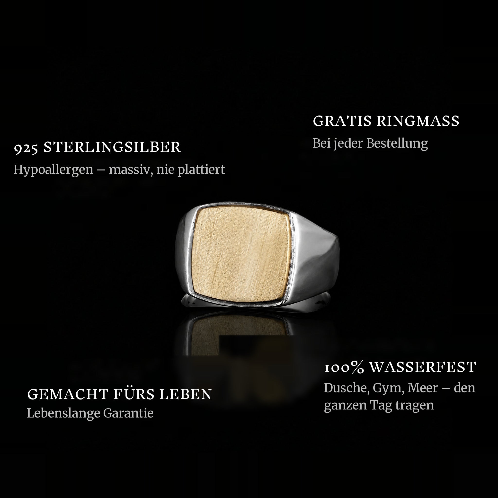 Golden World ring features: 925 sterling silver, free ring sizer in every order, 100% waterproof, lifetime guarantee