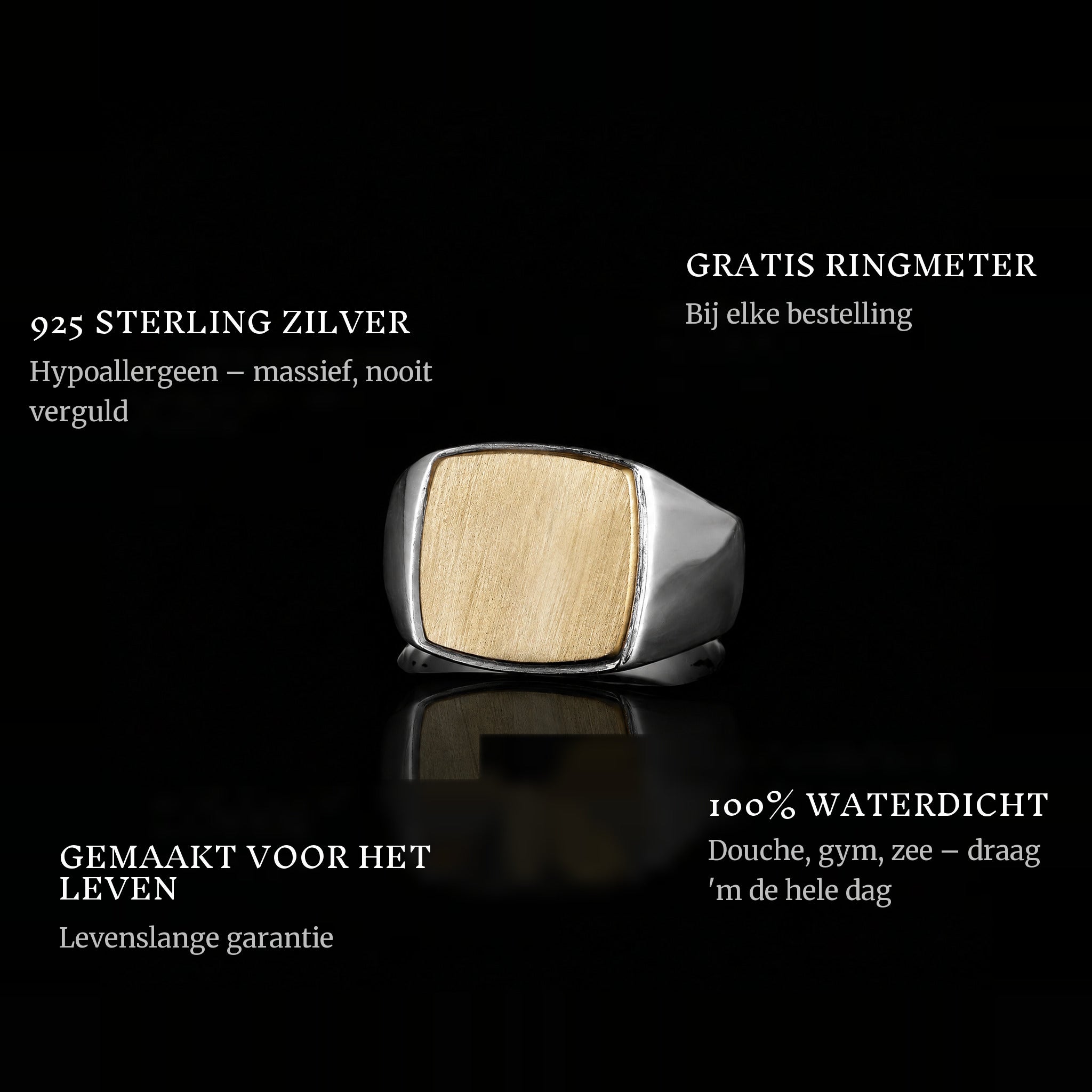 Golden World ring features: 925 sterling silver, free ring sizer in every order, 100% waterproof, lifetime guarantee
