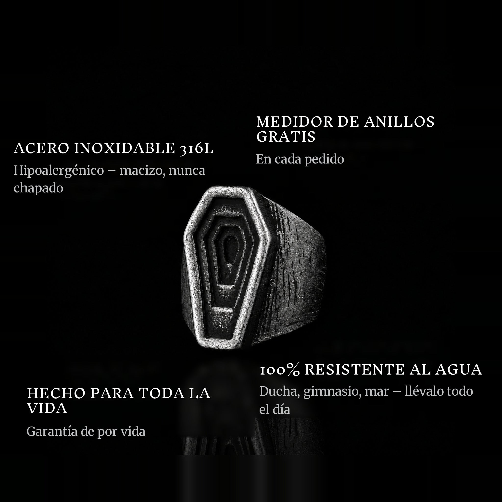 Graves ring features: 316L stainless steel, free ring sizer in every order, 100% waterproof, lifetime guarantee
