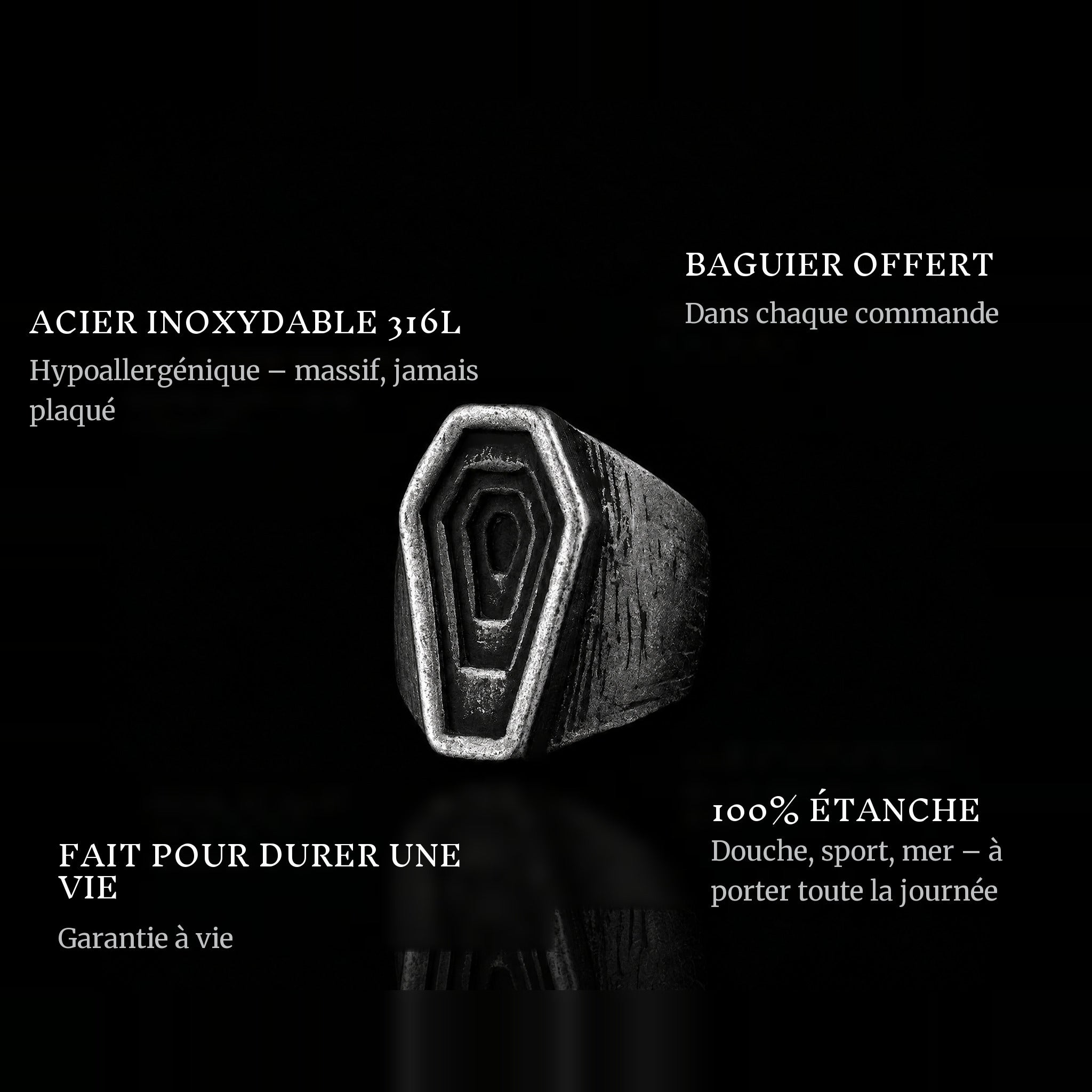 Graves ring features: 316L stainless steel, free ring sizer in every order, 100% waterproof, lifetime guarantee