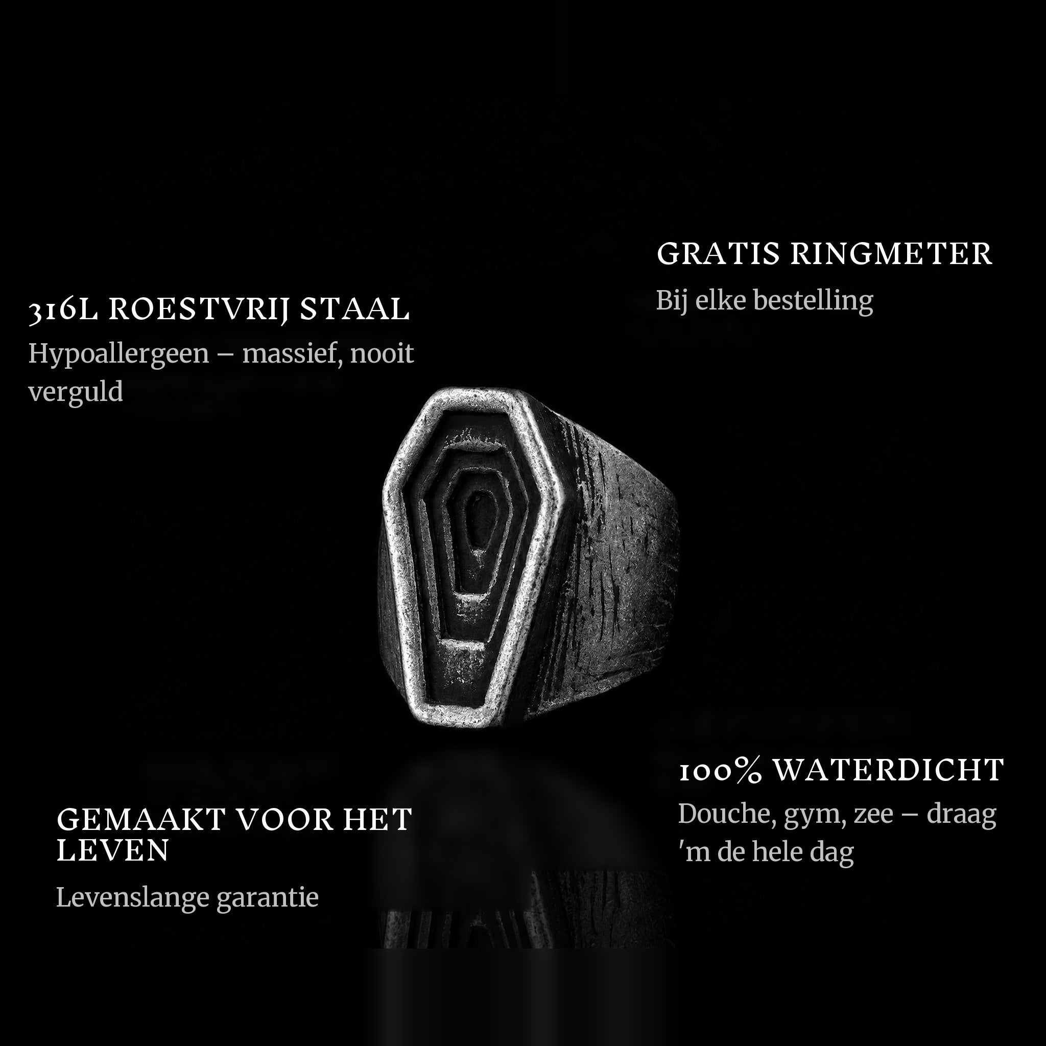 Graves ring features: 316L stainless steel, free ring sizer in every order, 100% waterproof, lifetime guarantee