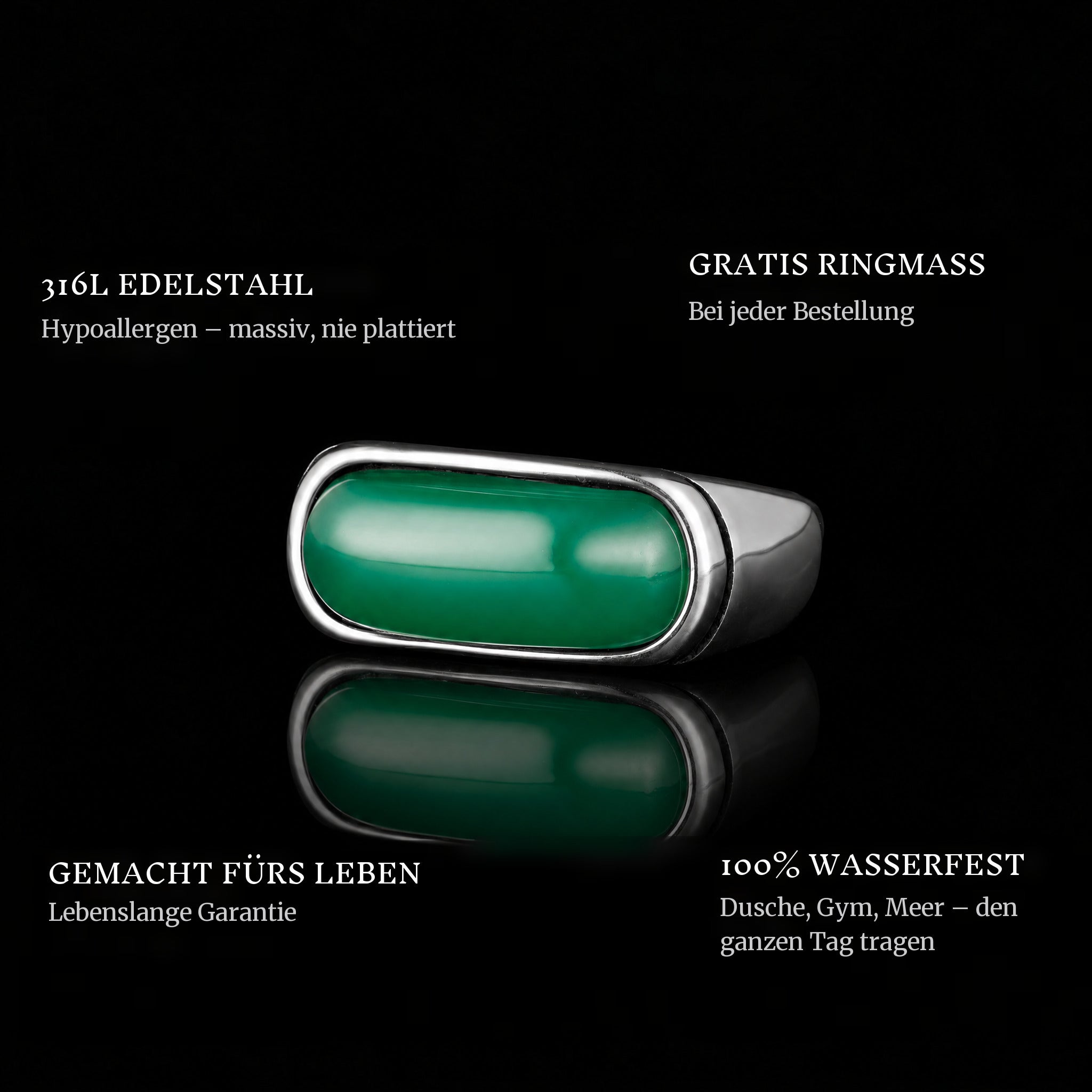 Emerald Sky ring features: 316L stainless steel, free ring sizer in every order, 100% waterproof, lifetime guarantee