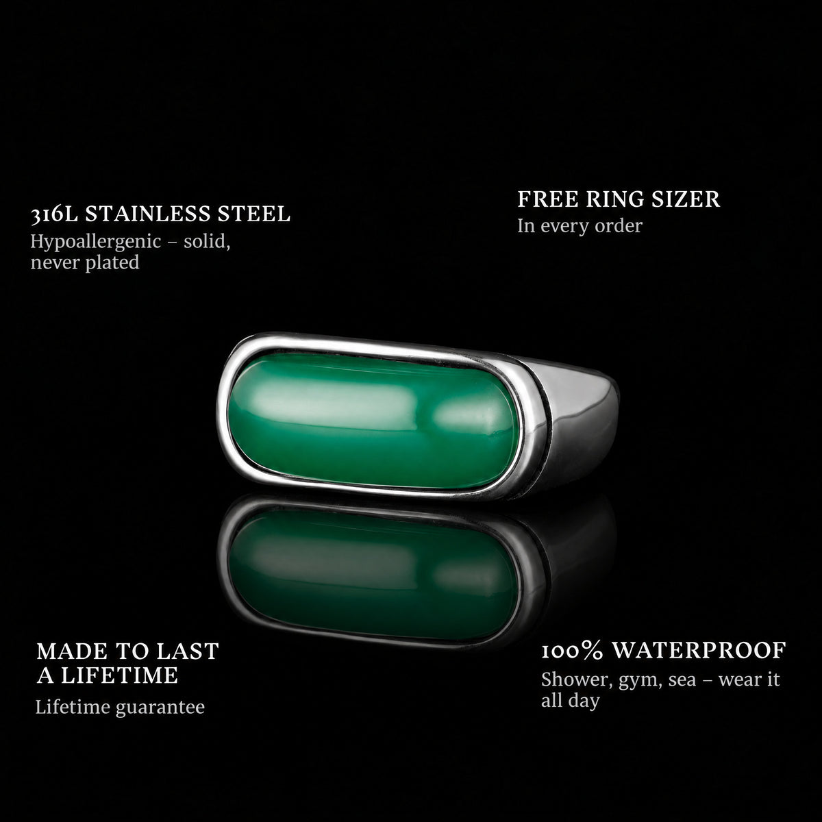 Emerald Sky ring features: 316L stainless steel, free ring sizer in every order, 100% waterproof, lifetime guarantee