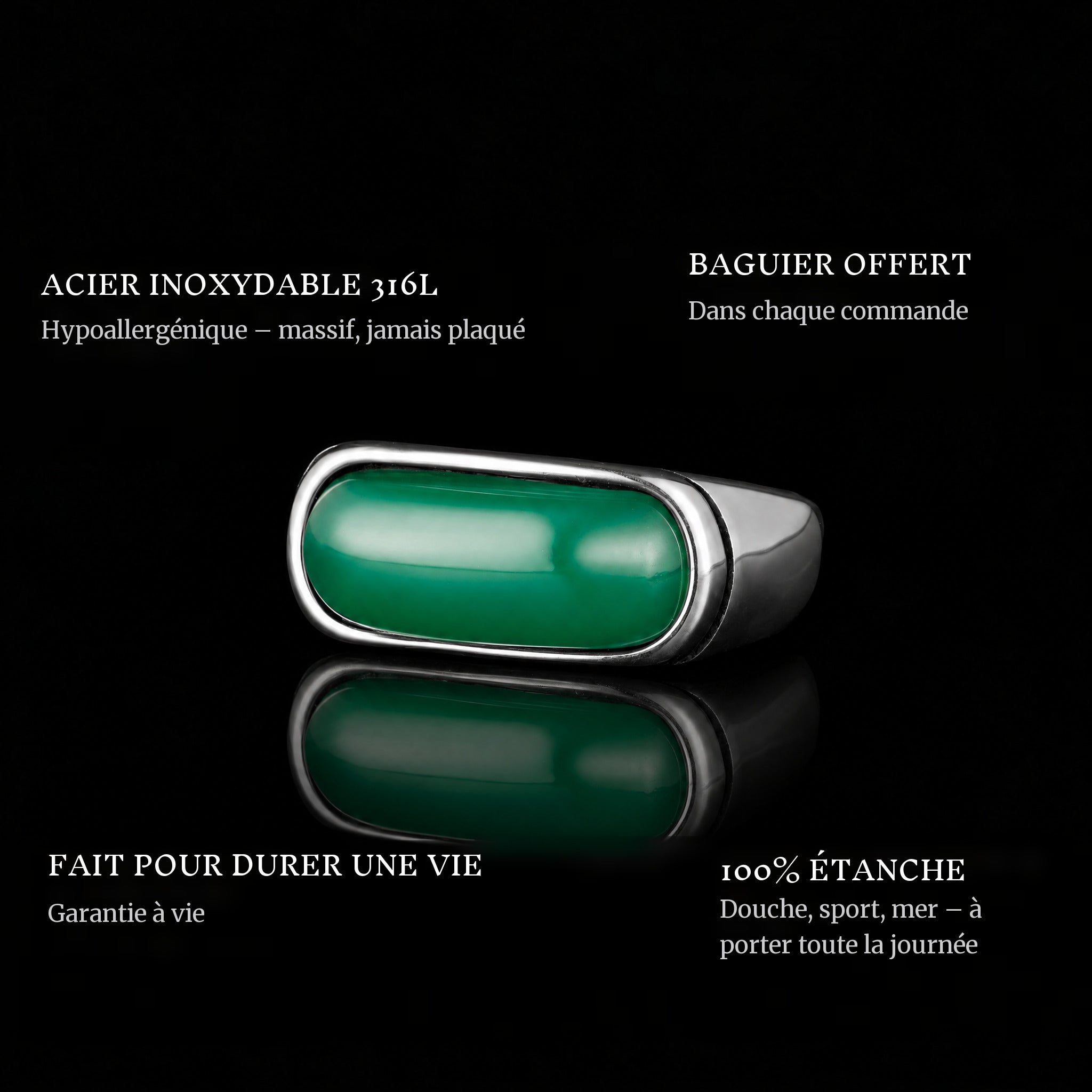Emerald Sky ring features: 316L stainless steel, free ring sizer in every order, 100% waterproof, lifetime guarantee