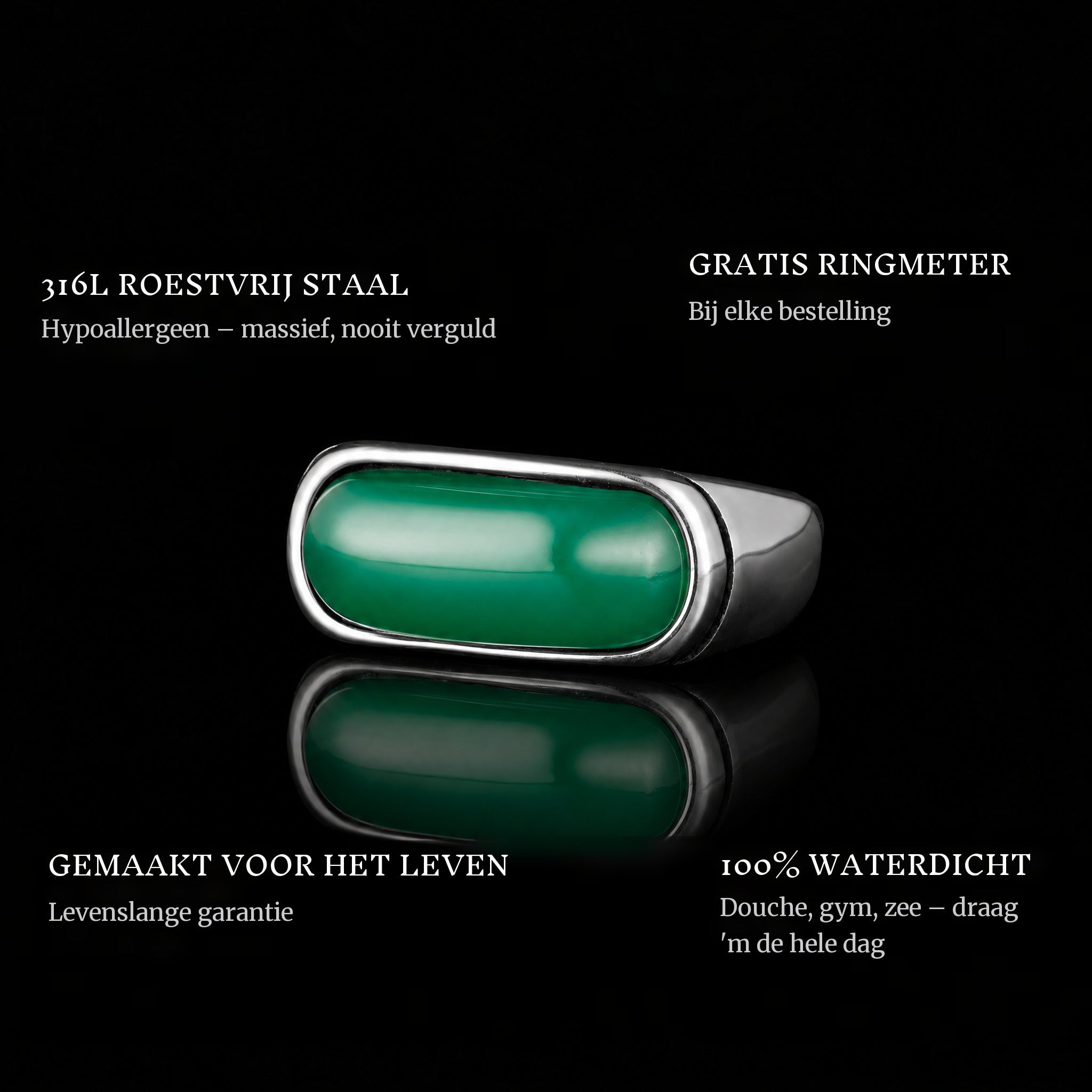 Emerald Sky ring features: 316L stainless steel, free ring sizer in every order, 100% waterproof, lifetime guarantee