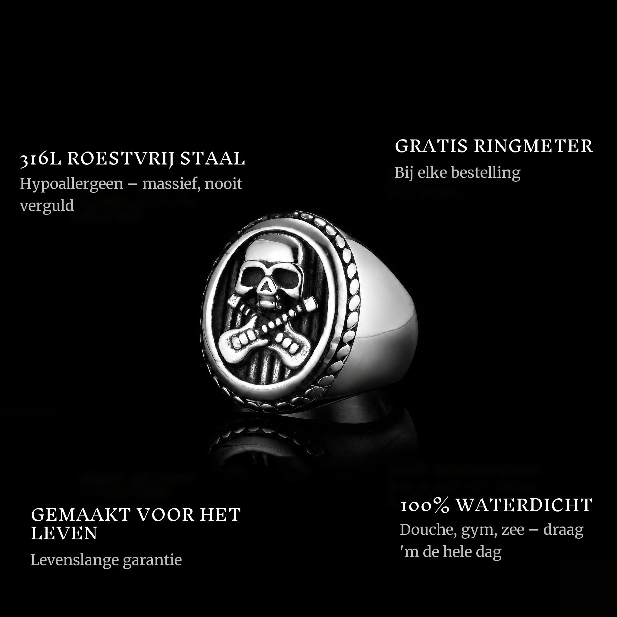 Guitar Legend ring features: 316L stainless steel, free ring sizer in every order, 100% waterproof, lifetime guarantee