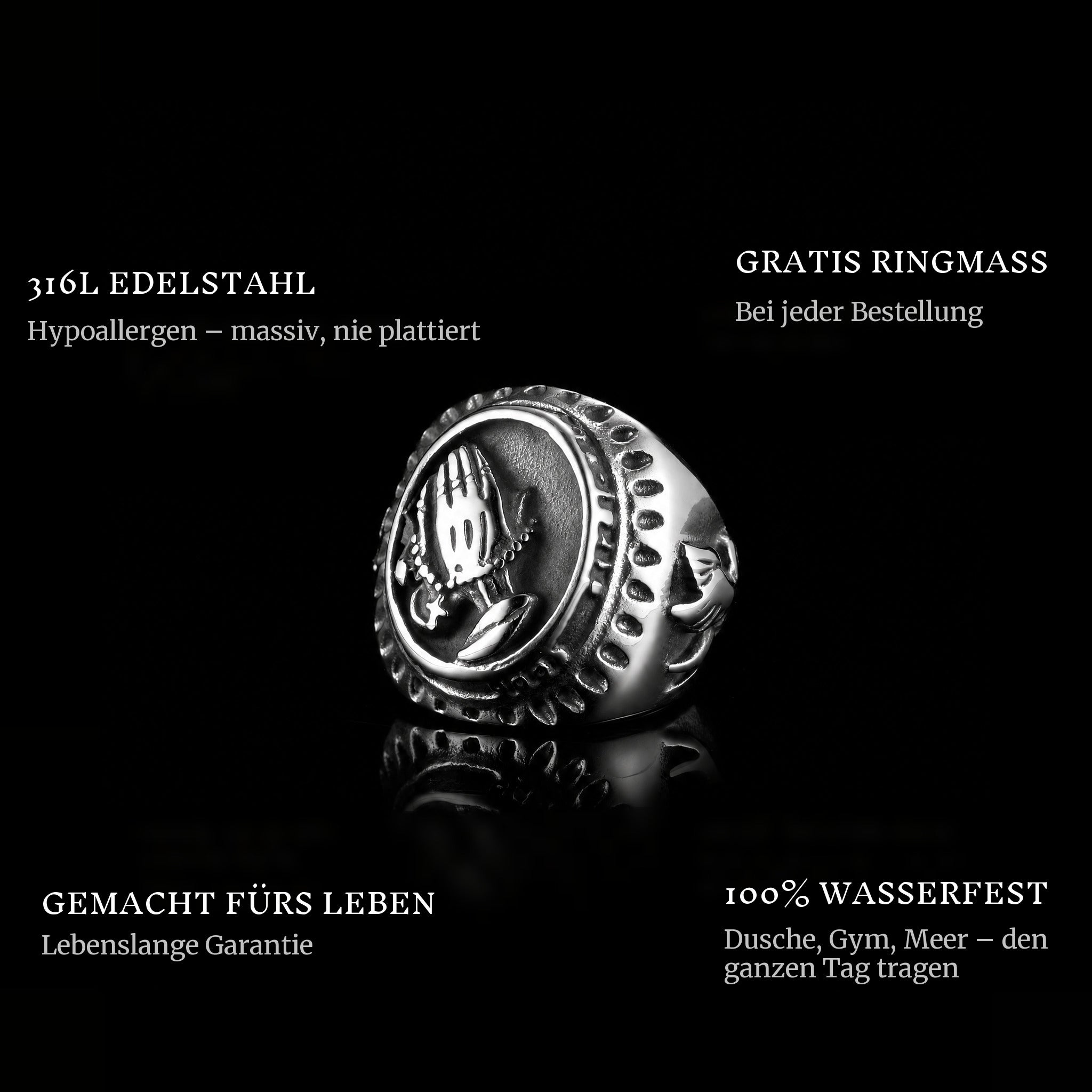 Hail Mary ring features: 316L stainless steel, free ring sizer in every order, 100% waterproof, lifetime guarantee