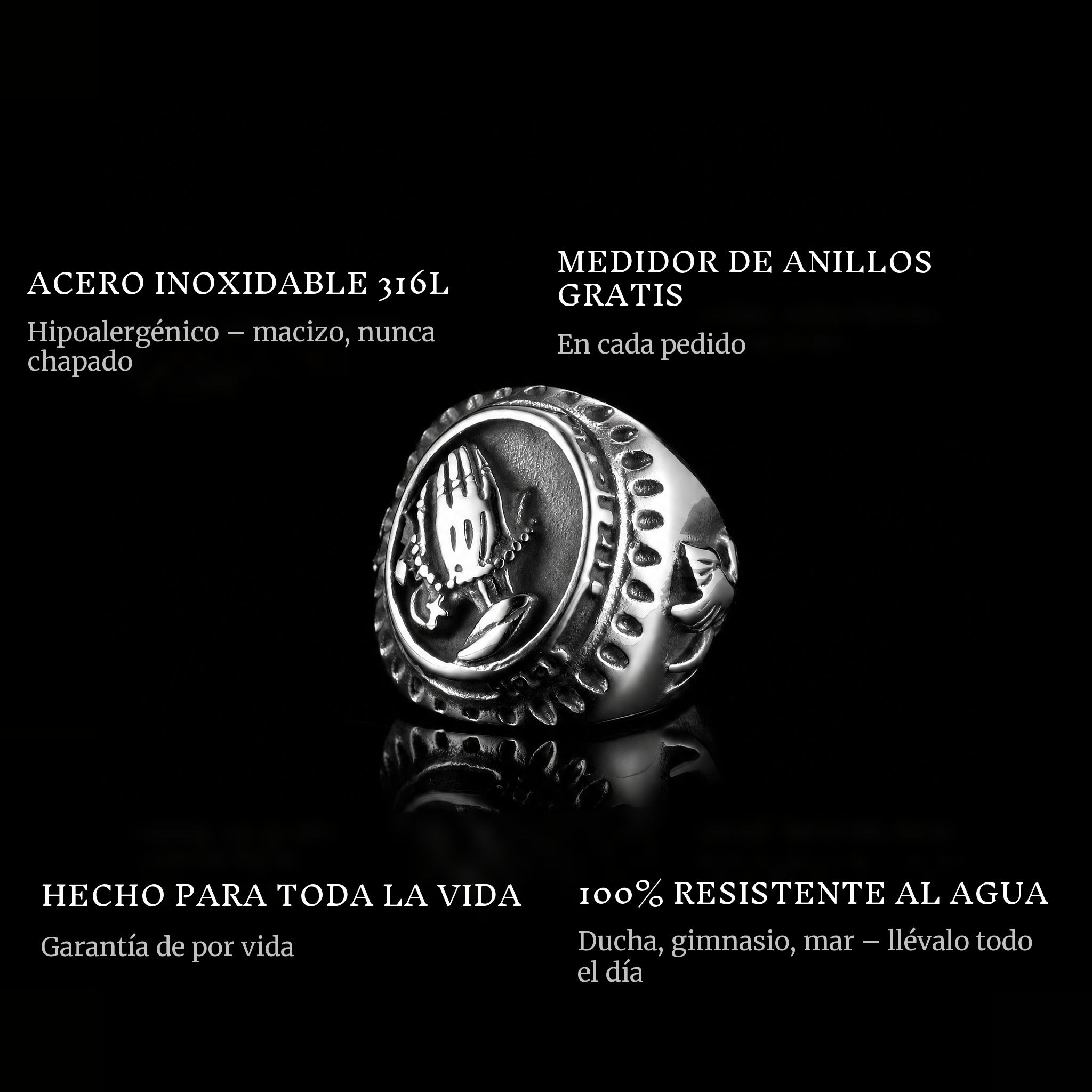 Hail Mary ring features: 316L stainless steel, free ring sizer in every order, 100% waterproof, lifetime guarantee