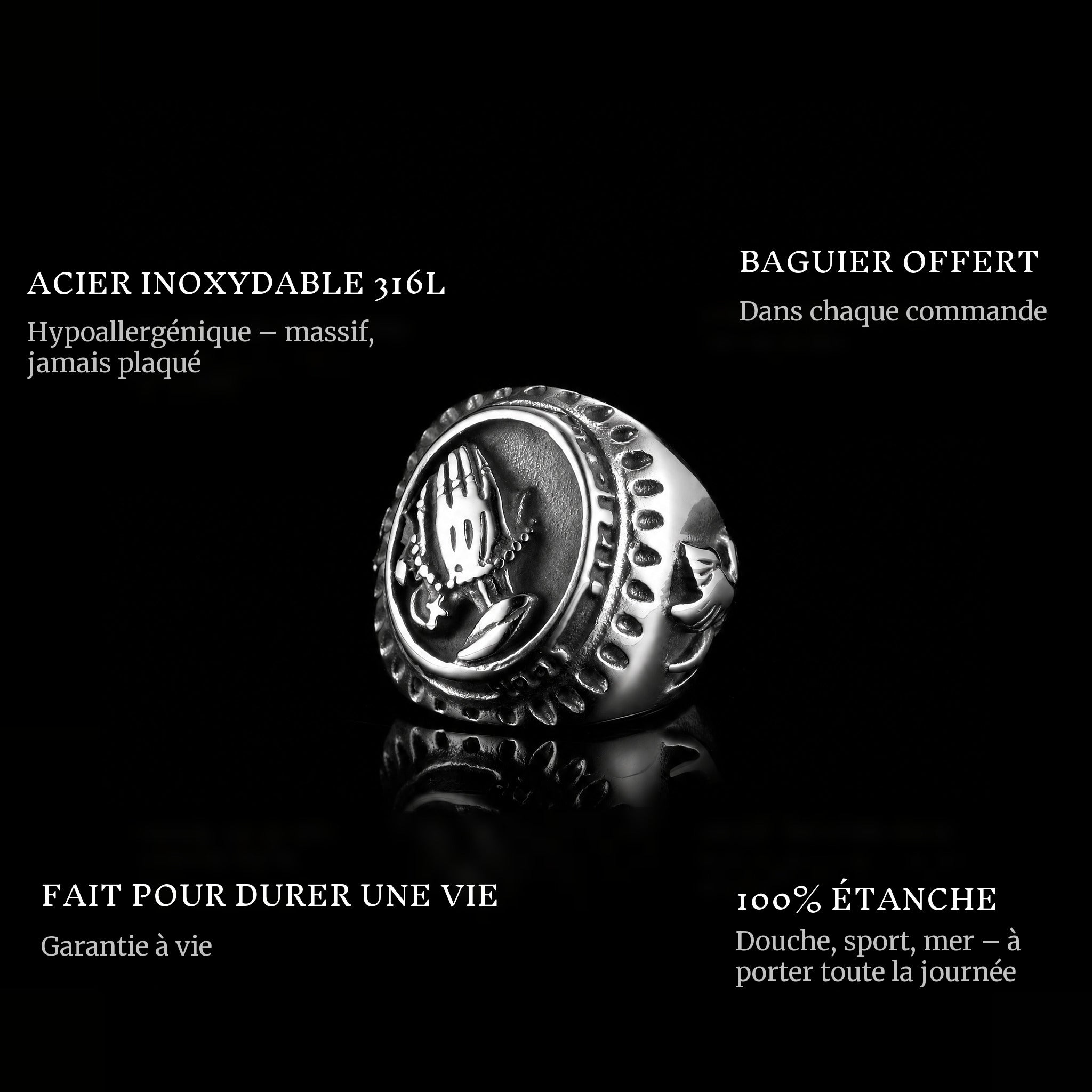 Hail Mary ring features: 316L stainless steel, free ring sizer in every order, 100% waterproof, lifetime guarantee