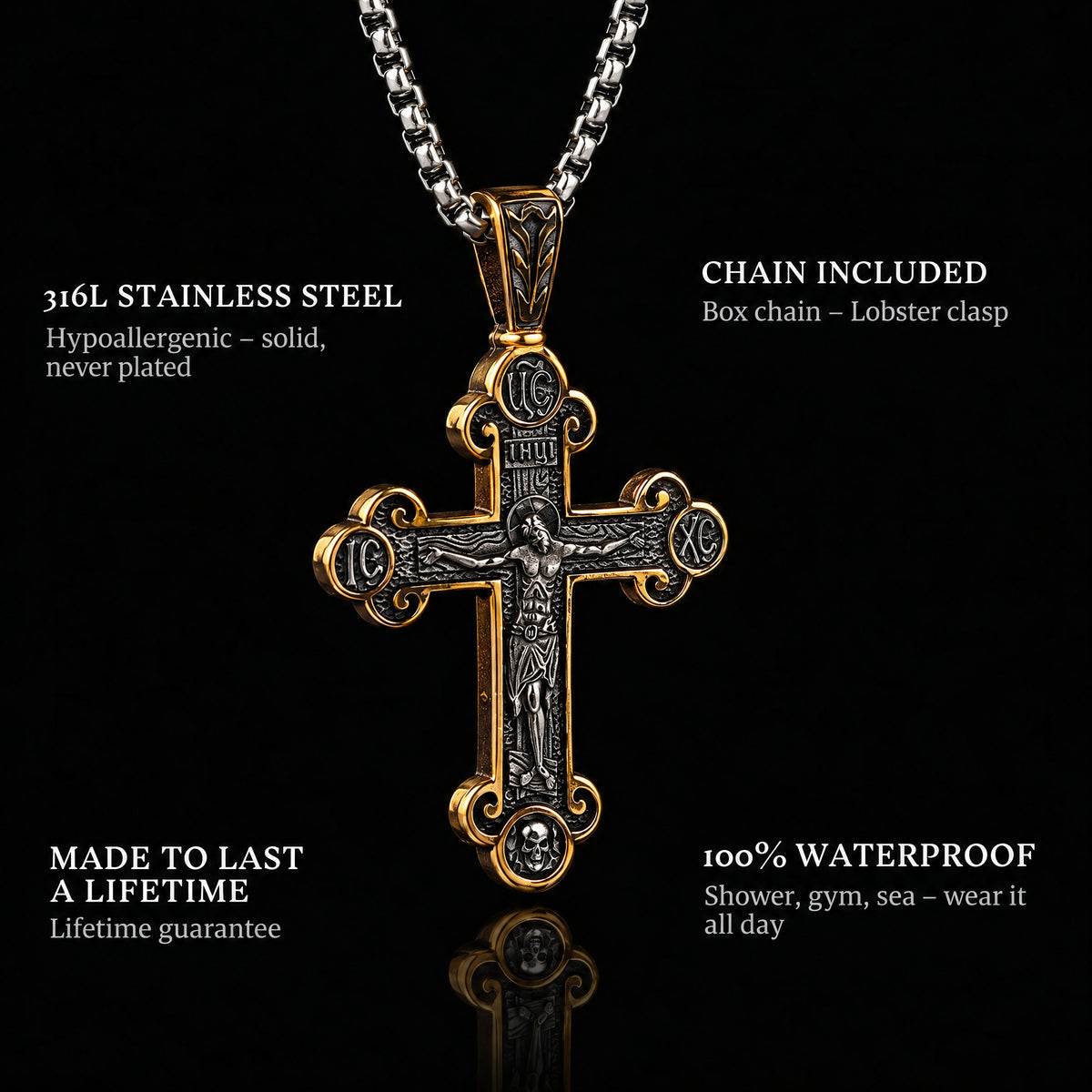 Holy Cross Gold pendant features: 316L stainless steel, chain included, 100% waterproof, lifetime guarantee