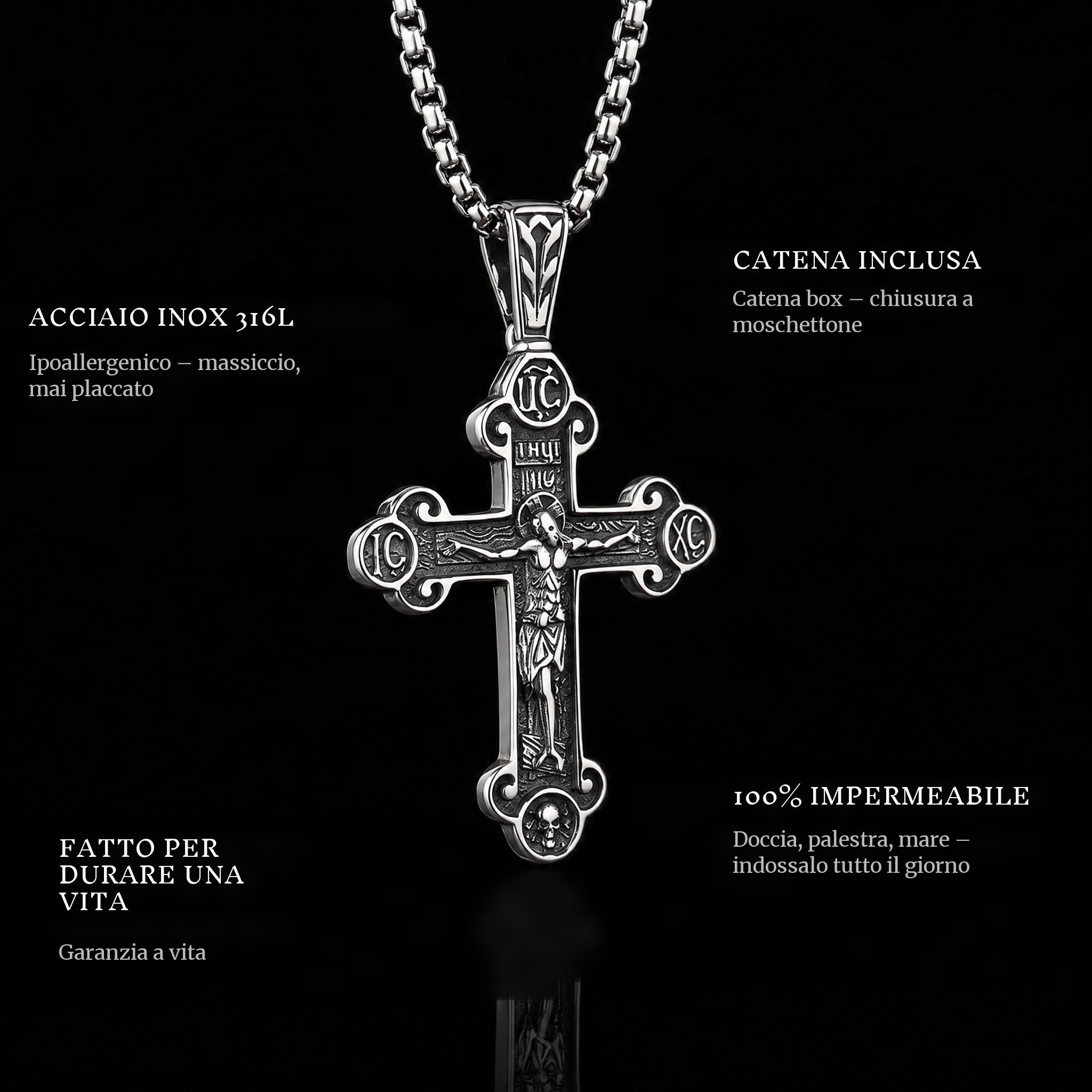 Holy Cross pendant features: 316L stainless steel, chain included, 100% waterproof, lifetime guarantee