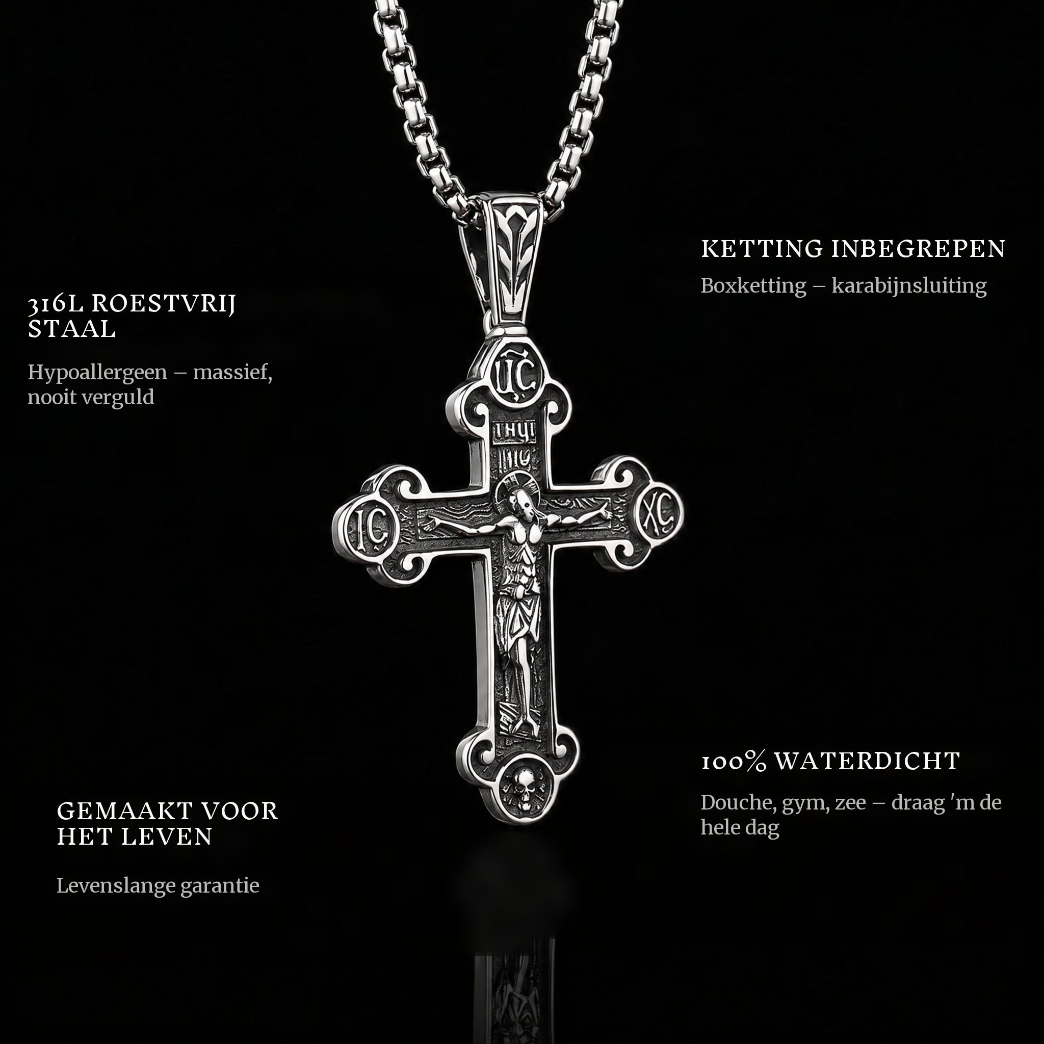 Holy Cross pendant features: 316L stainless steel, chain included, 100% waterproof, lifetime guarantee
