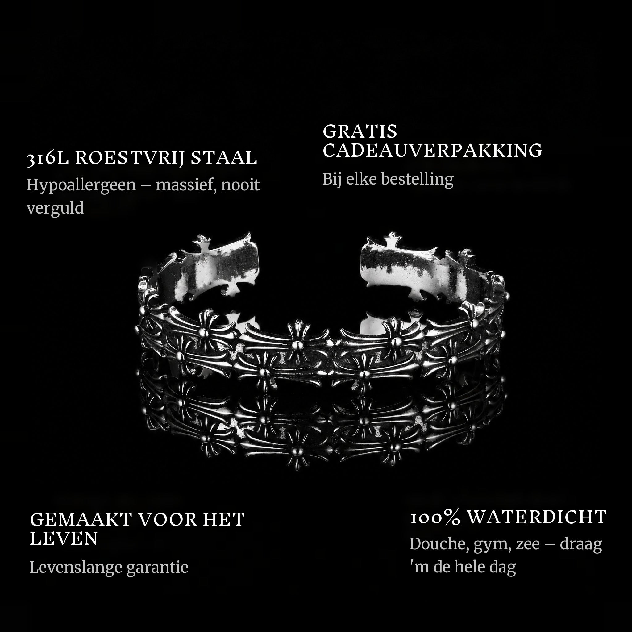Holy Steel features: 316L stainless steel, free gift packaging, 100% waterproof, lifetime guarantee