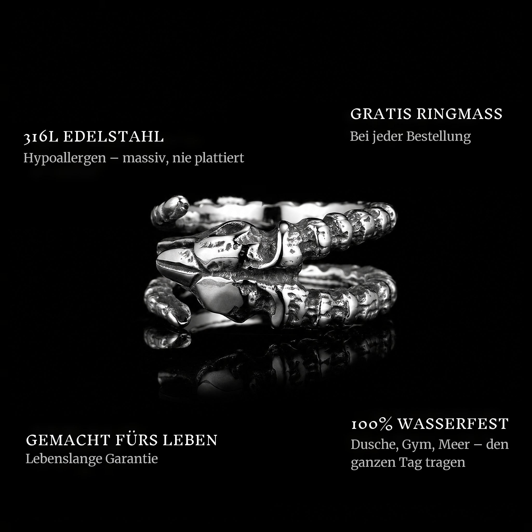 Horned ring features: 316L stainless steel, free ring sizer in every order, 100% waterproof, lifetime guarantee