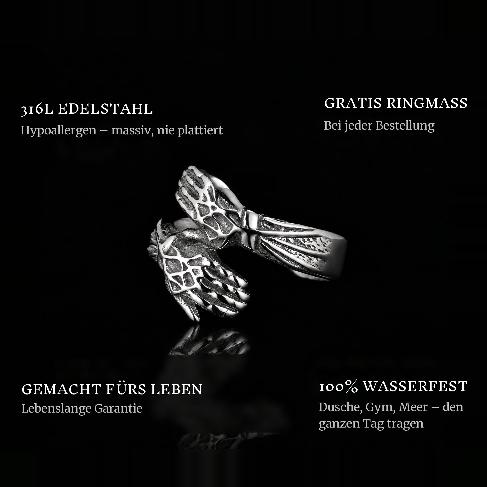 Hugged ring features: 316L stainless steel, free ring sizer in every order, 100% waterproof, lifetime guarantee