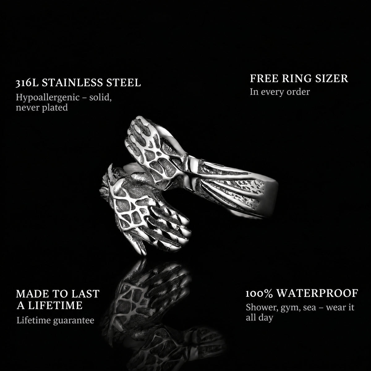 Hugged ring features: 316L stainless steel, free ring sizer in every order, 100% waterproof, lifetime guarantee