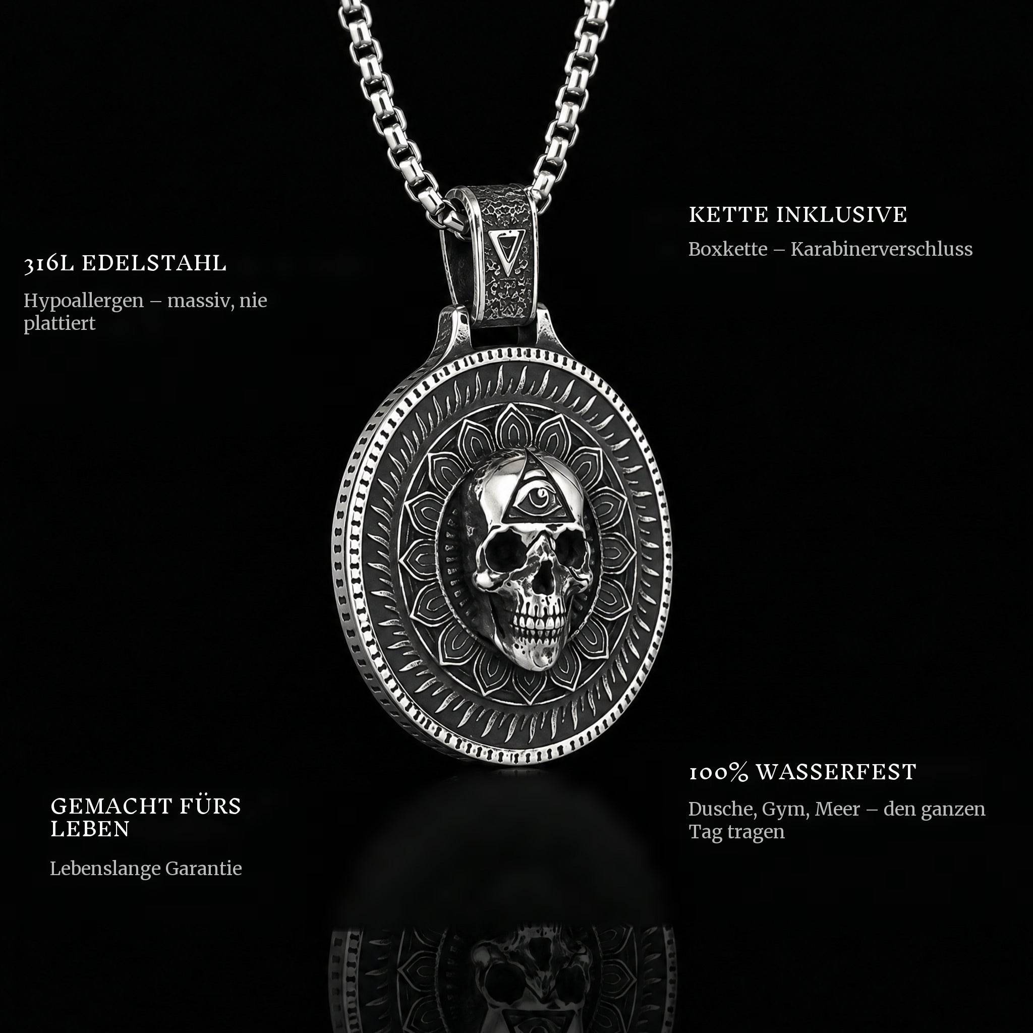 In The Eyes Of Death pendant features: 316L stainless steel, chain included, 100% waterproof, lifetime guarantee