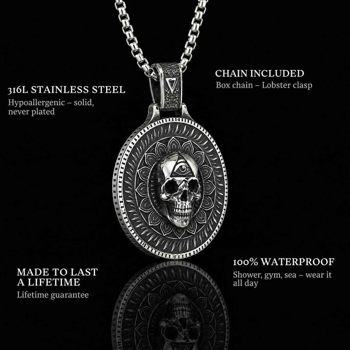 In The Eyes Of Death pendant features: 316L stainless steel, chain included, 100% waterproof, lifetime guarantee