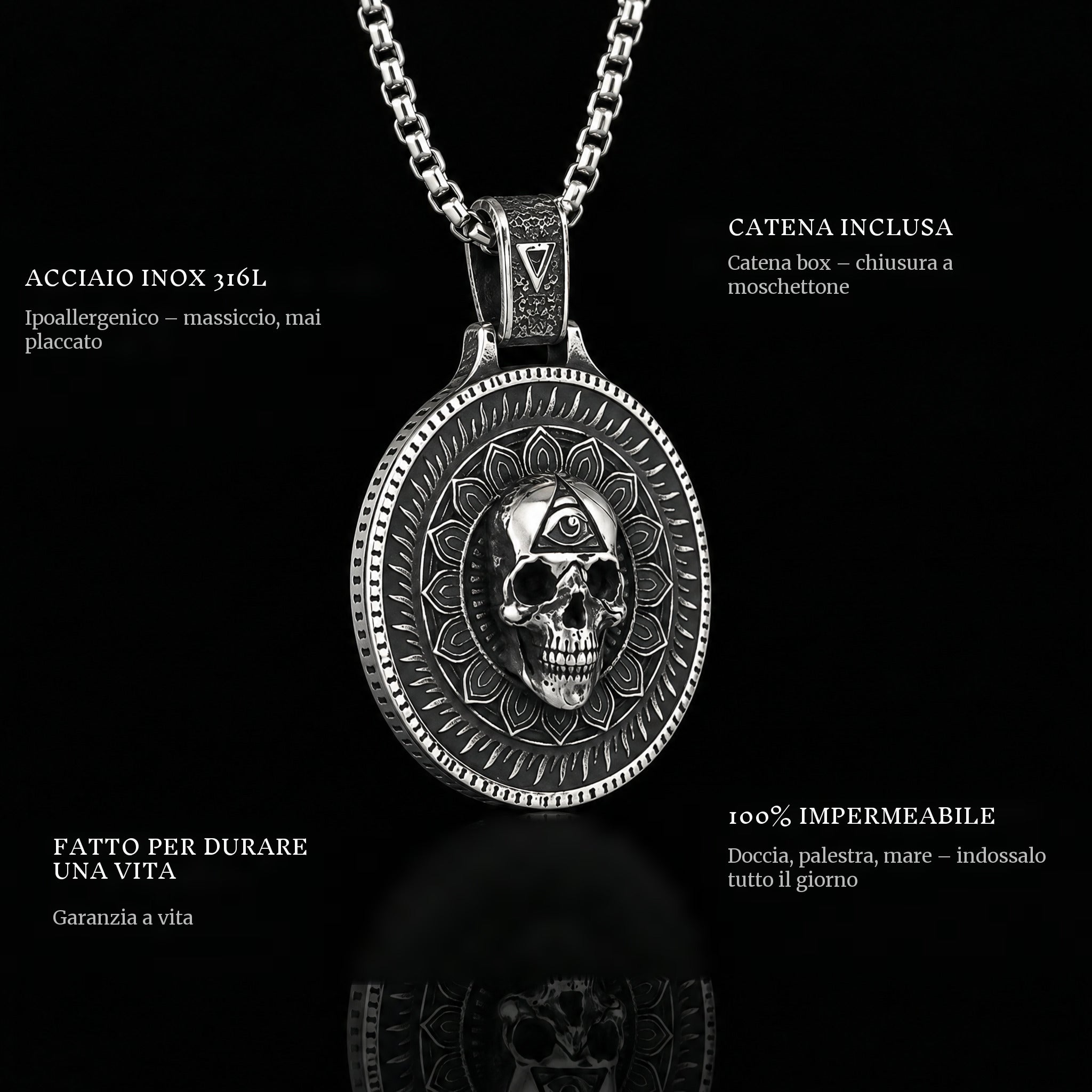 In The Eyes Of Death pendant features: 316L stainless steel, chain included, 100% waterproof, lifetime guarantee