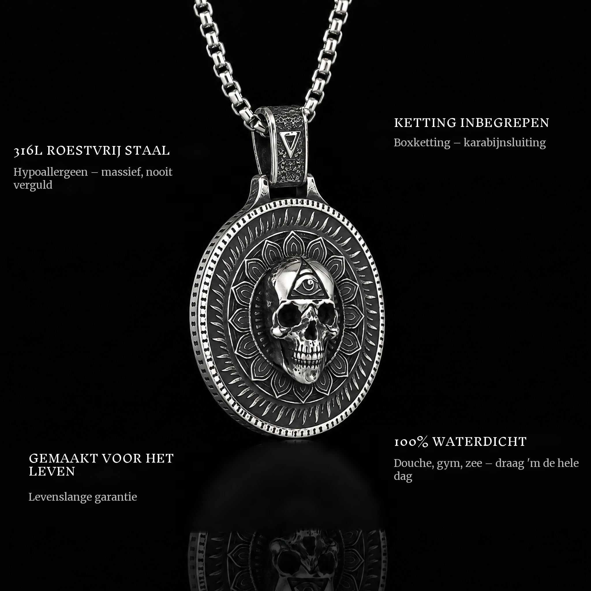In The Eyes Of Death pendant features: 316L stainless steel, chain included, 100% waterproof, lifetime guarantee