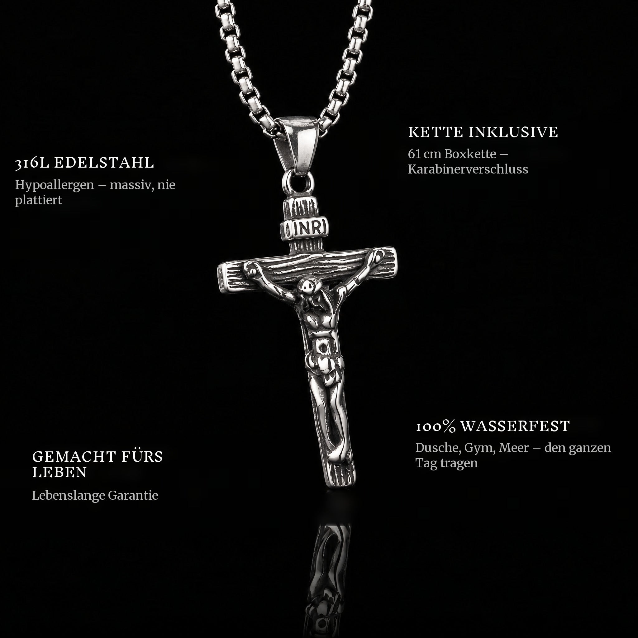 Jesus Piece pendant features: 316L stainless steel, chain included, 100% waterproof, lifetime guarantee