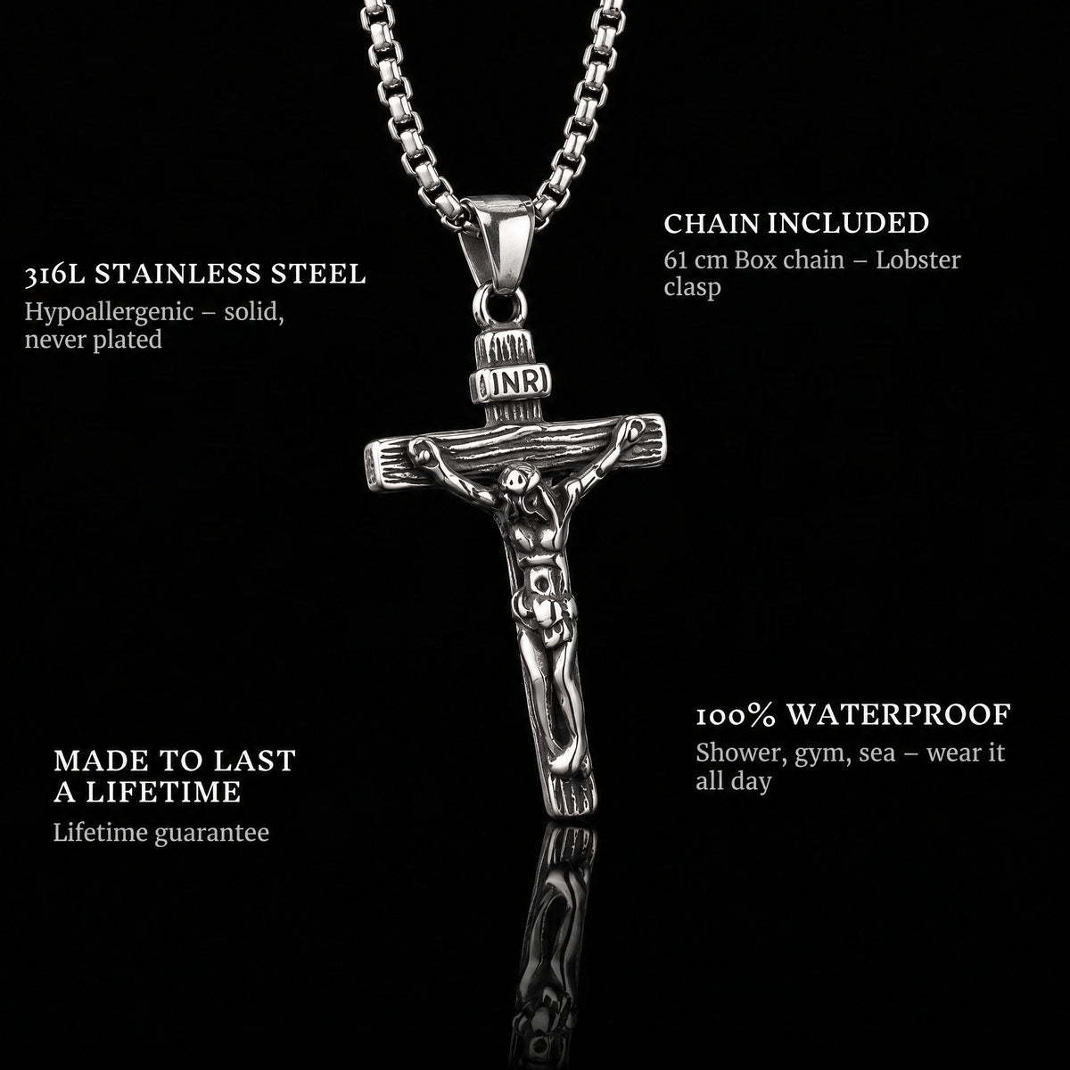 Jesus Piece pendant features: 316L stainless steel, chain included, 100% waterproof, lifetime guarantee