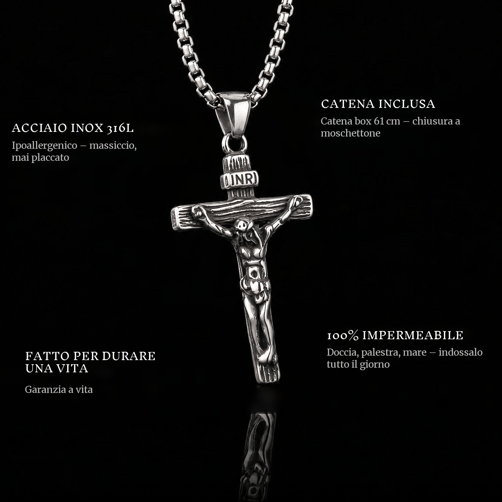 Jesus Piece pendant features: 316L stainless steel, chain included, 100% waterproof, lifetime guarantee