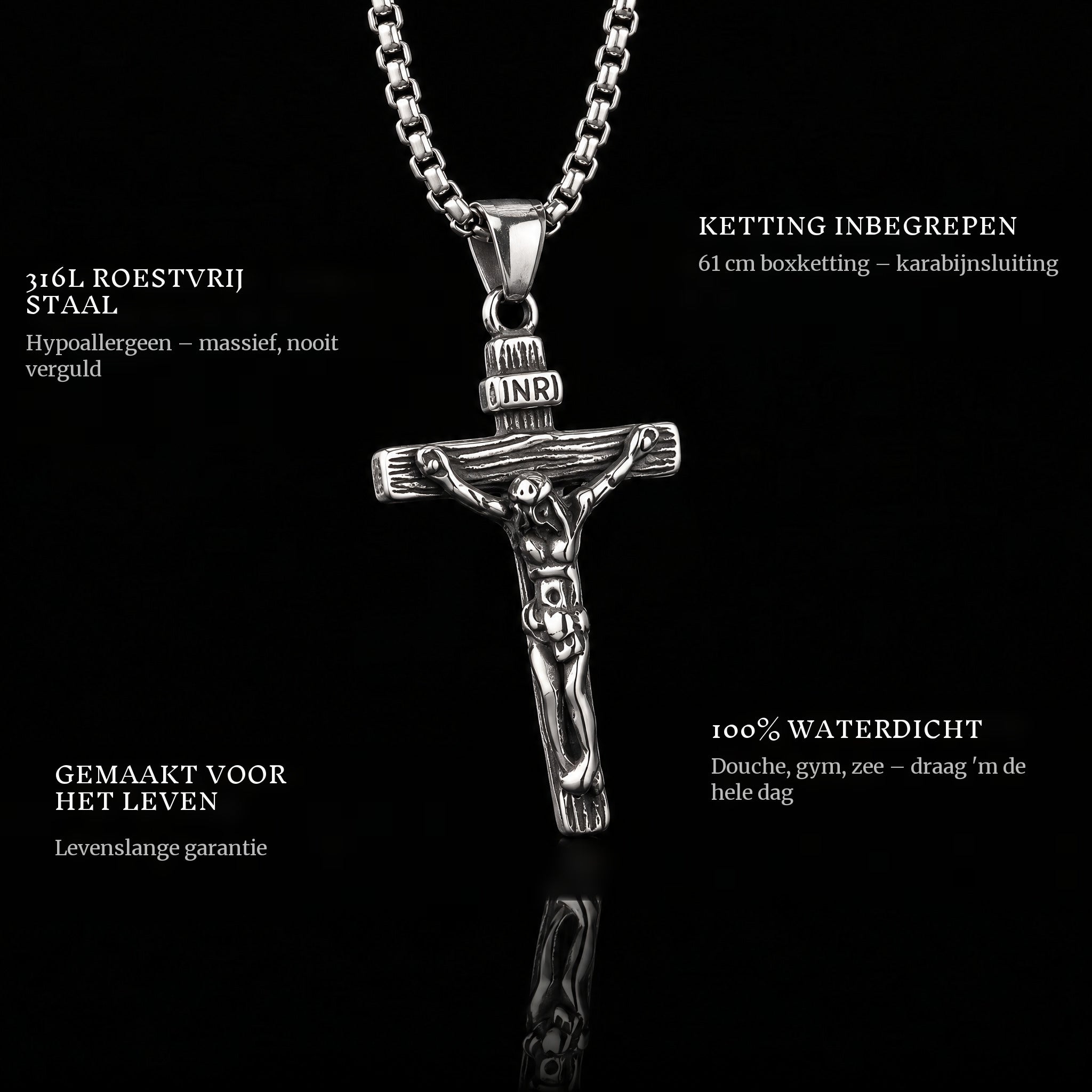 Jesus Piece pendant features: 316L stainless steel, chain included, 100% waterproof, lifetime guarantee