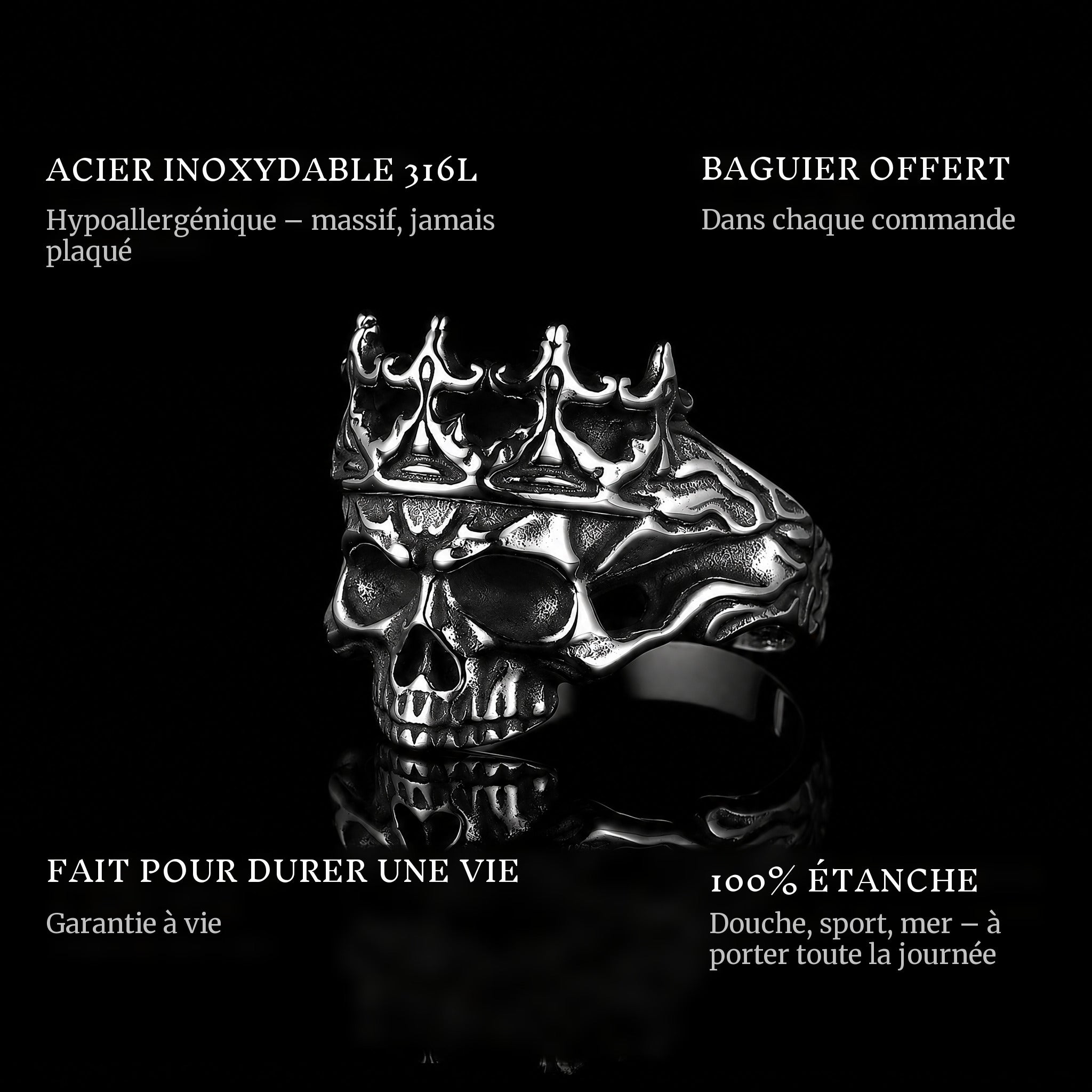 King Of Skulls ring features: 316L stainless steel, free ring sizer in every order, 100% waterproof, lifetime guarantee