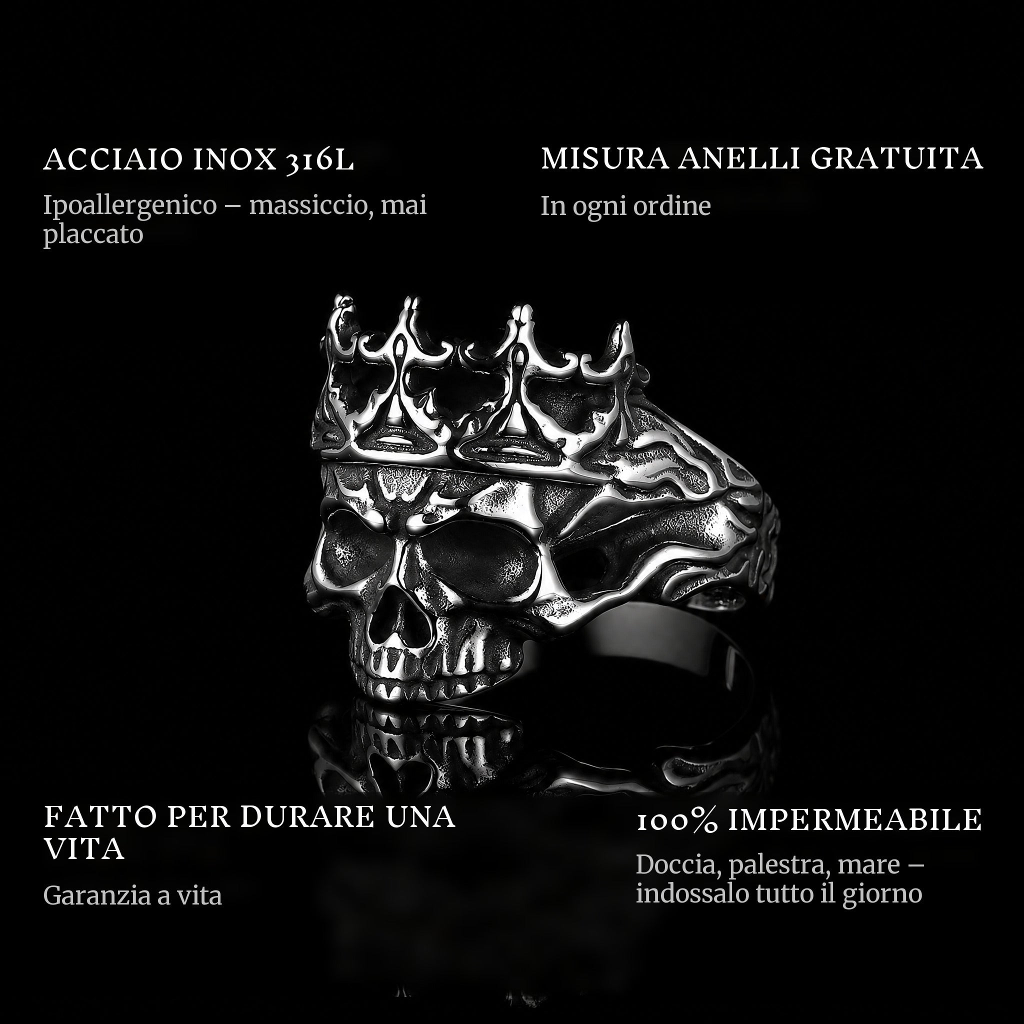 King Of Skulls ring features: 316L stainless steel, free ring sizer in every order, 100% waterproof, lifetime guarantee