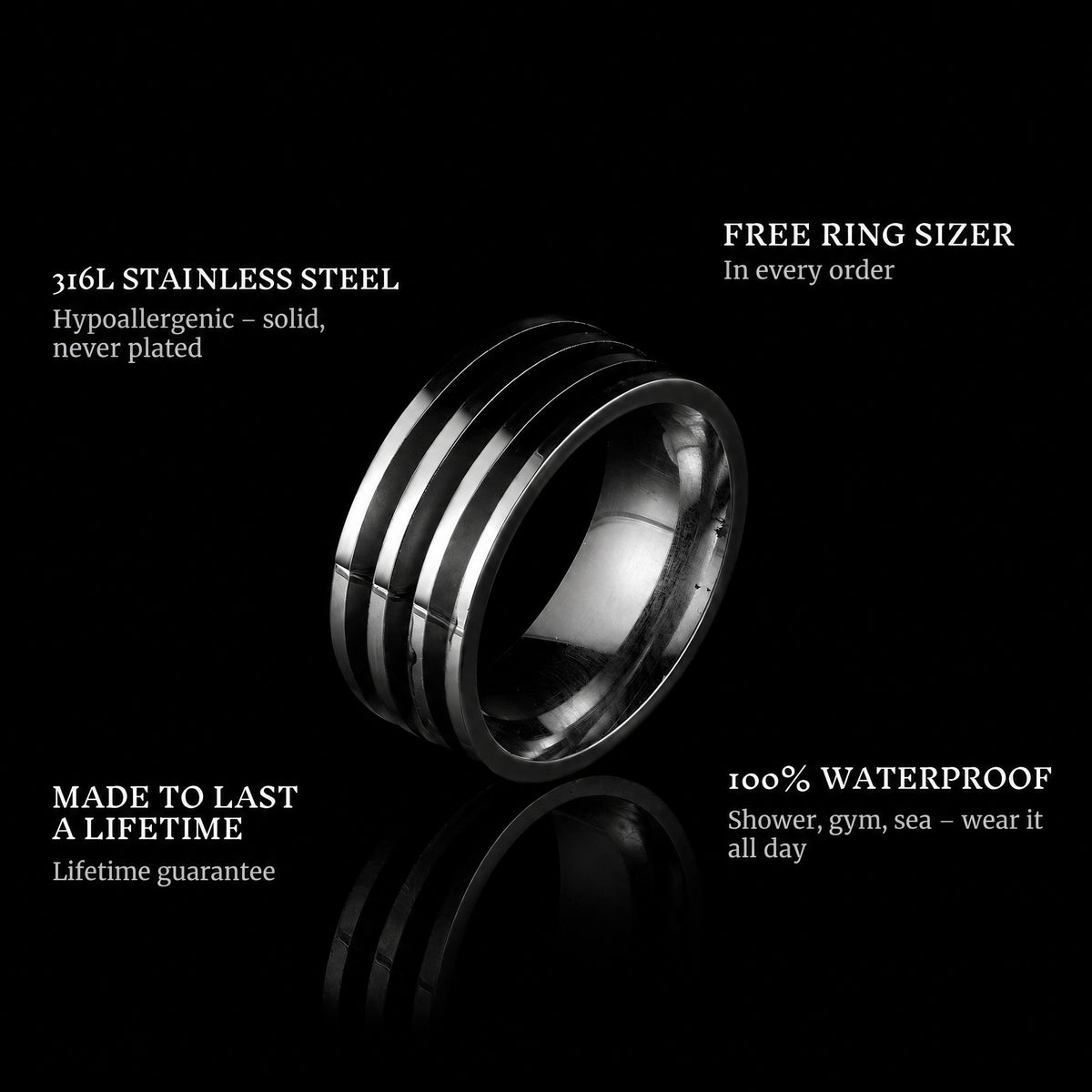 Lined ring features: 316L stainless steel, free ring sizer in every order, 100% waterproof, lifetime guarantee