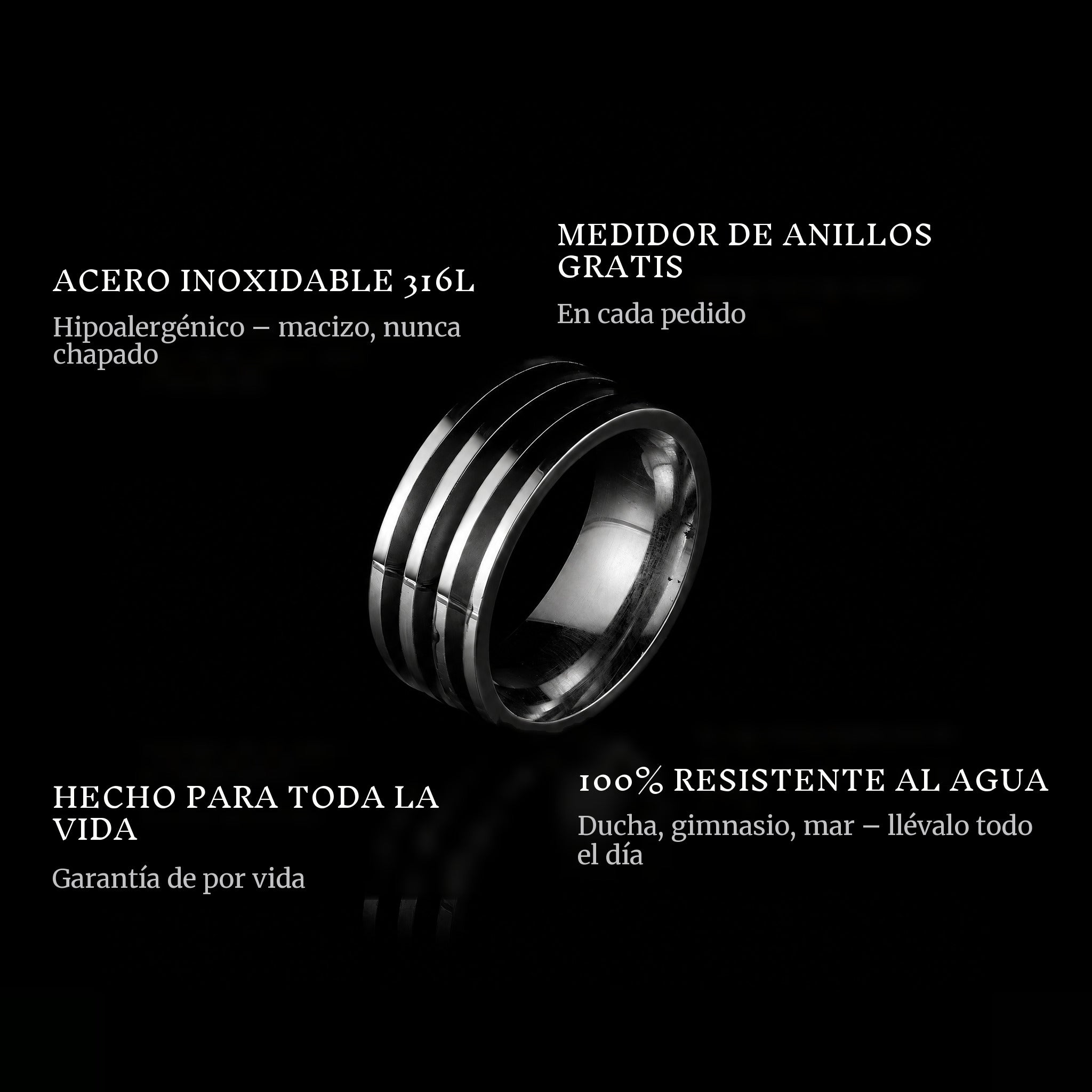 Lined ring features: 316L stainless steel, free ring sizer in every order, 100% waterproof, lifetime guarantee