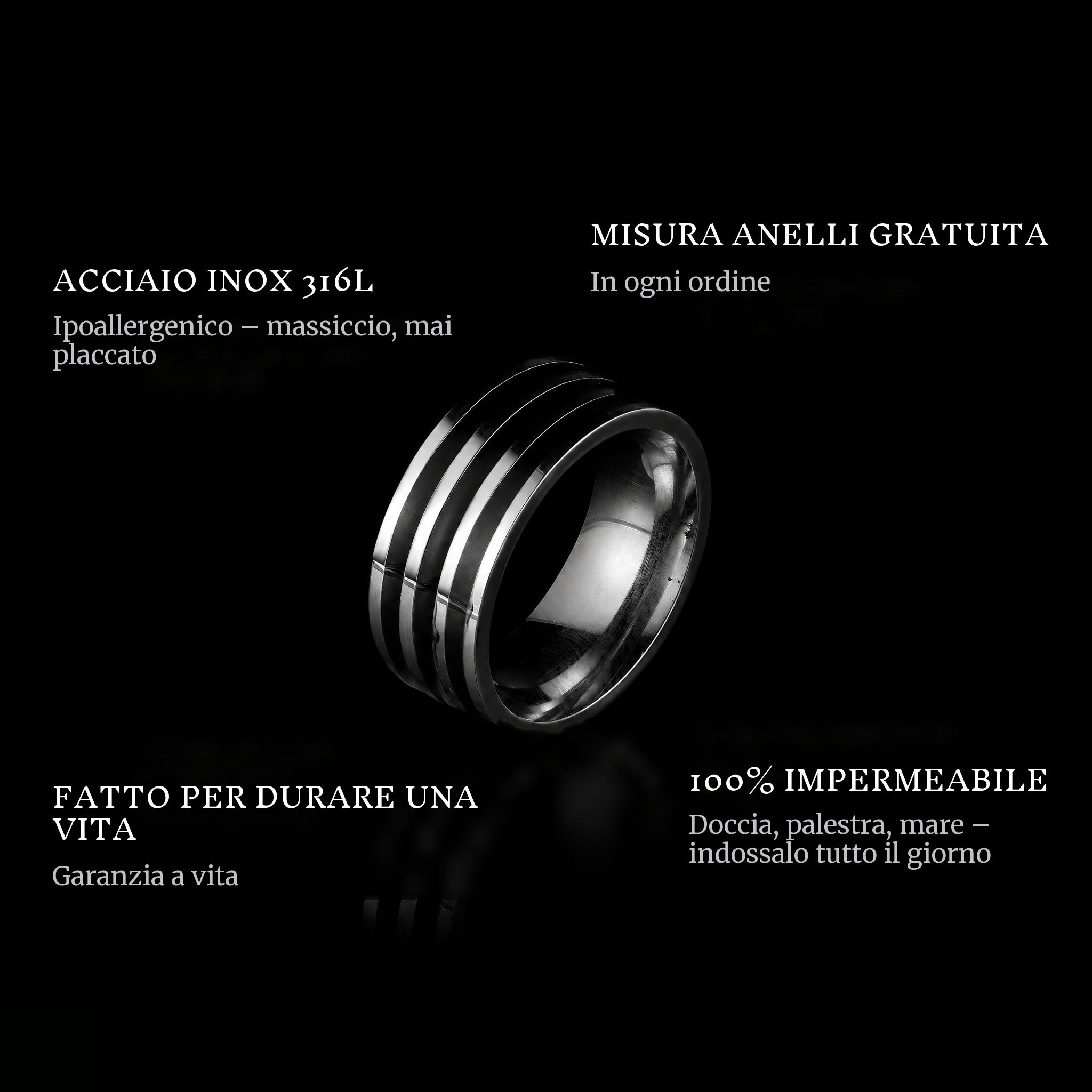 Lined ring features: 316L stainless steel, free ring sizer in every order, 100% waterproof, lifetime guarantee