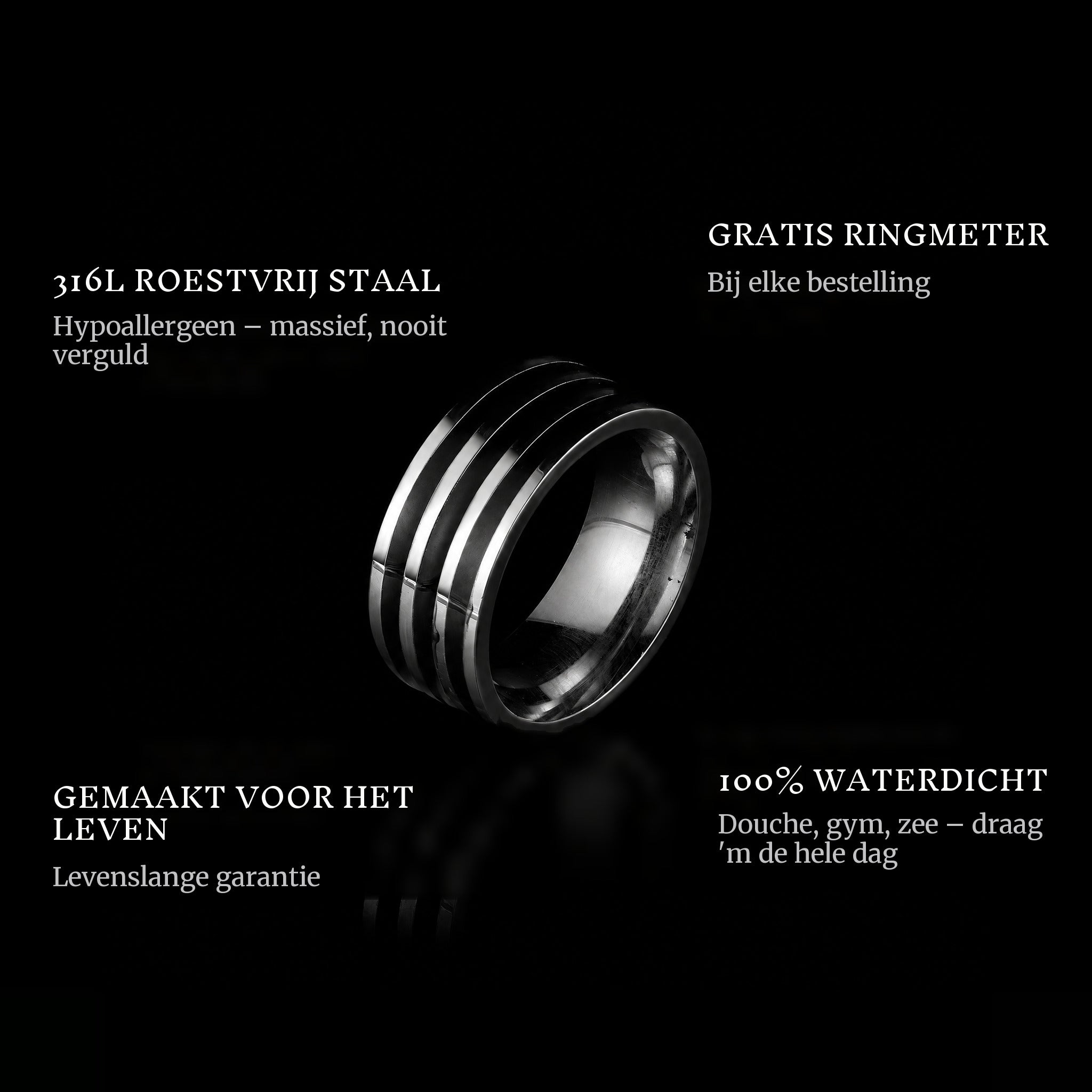 Lined ring features: 316L stainless steel, free ring sizer in every order, 100% waterproof, lifetime guarantee