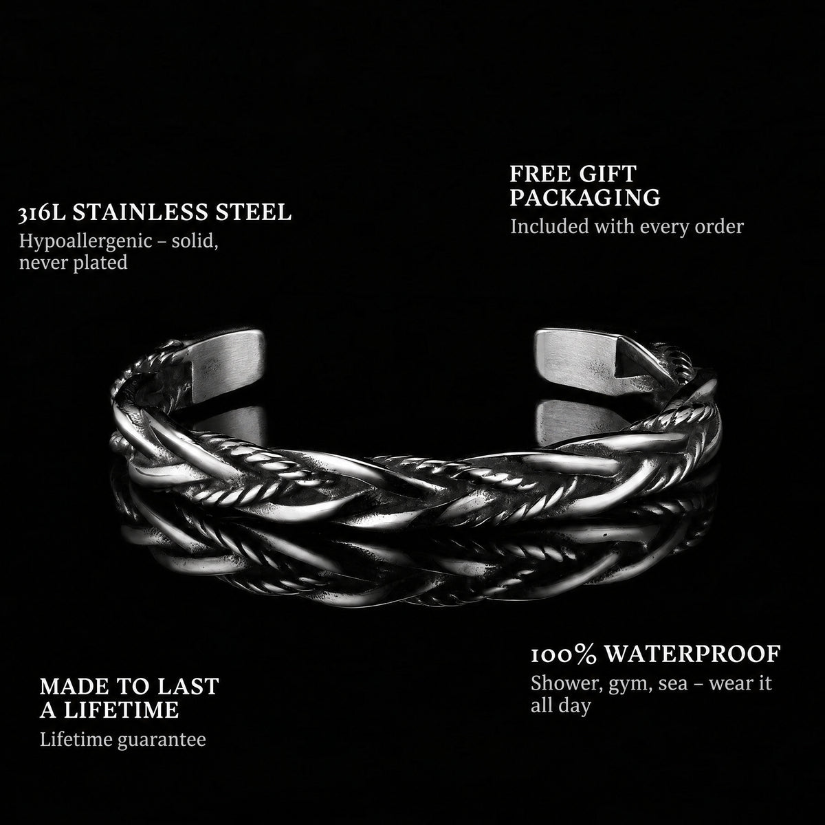 Loyalty features: 316L stainless steel, free gift packaging, 100% waterproof, lifetime guarantee