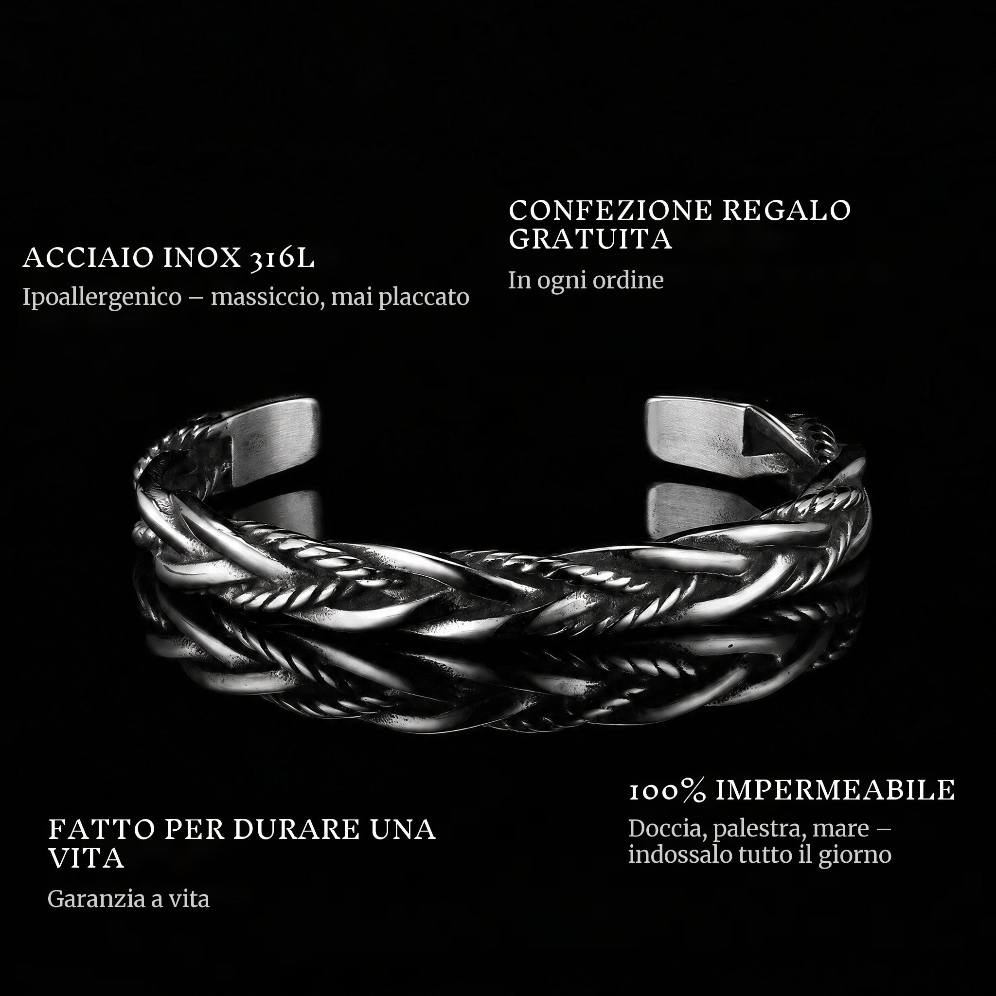 Loyalty features: 316L stainless steel, free gift packaging, 100% waterproof, lifetime guarantee