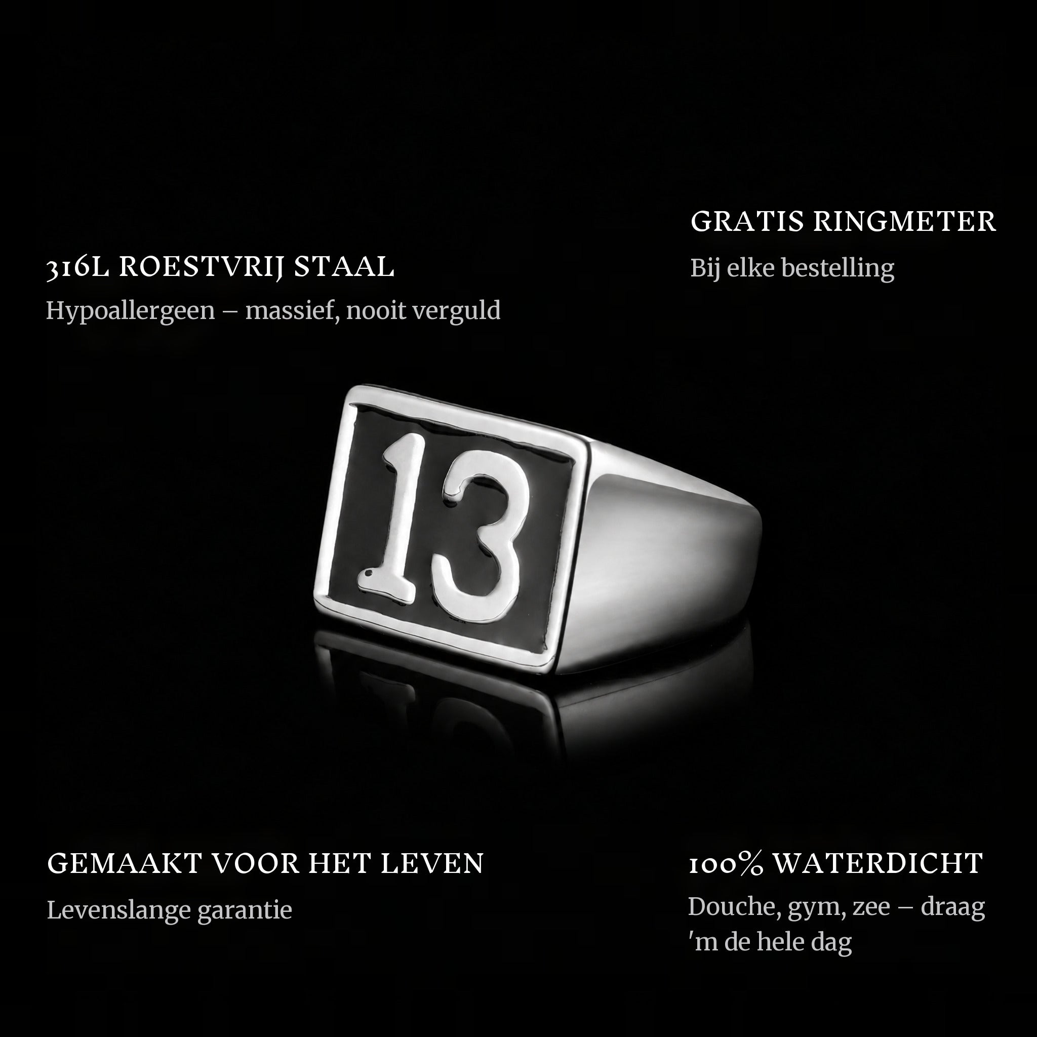 13 ring features: 316L stainless steel, free ring sizer in every order, 100% waterproof, lifetime guarantee