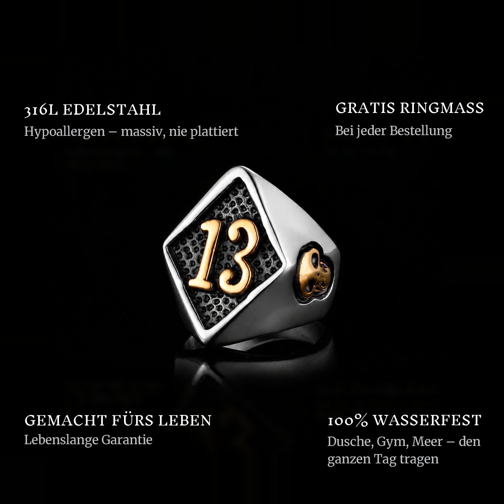 Lucky Luc Gold ring features: 316L stainless steel, free ring sizer in every order, 100% waterproof, lifetime guarantee