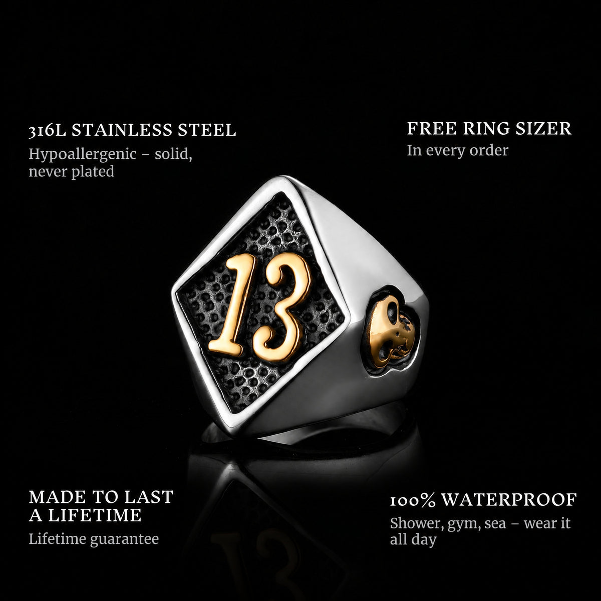 Lucky Luc Gold ring features: 316L stainless steel, free ring sizer in every order, 100% waterproof, lifetime guarantee