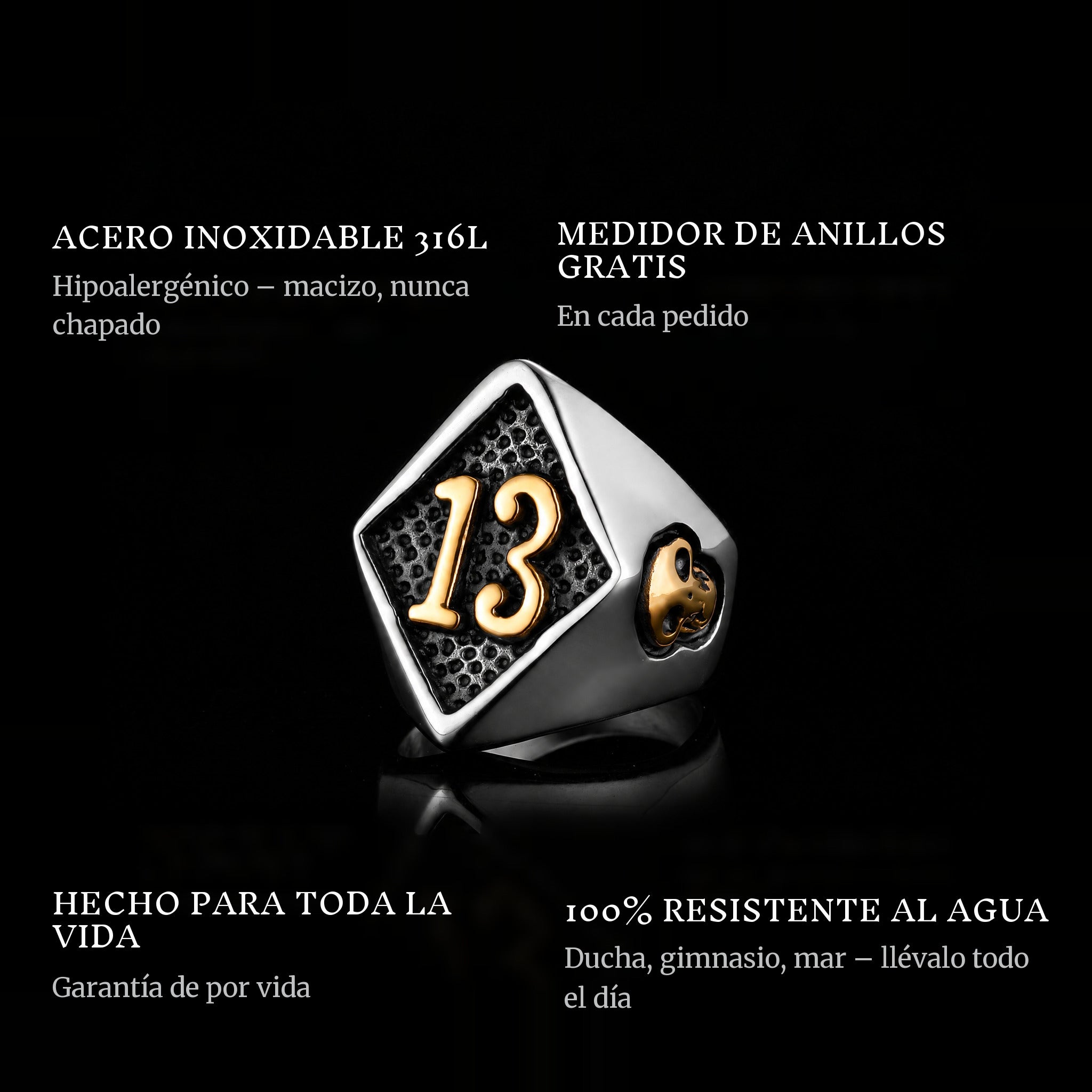 Lucky Luc Gold ring features: 316L stainless steel, free ring sizer in every order, 100% waterproof, lifetime guarantee