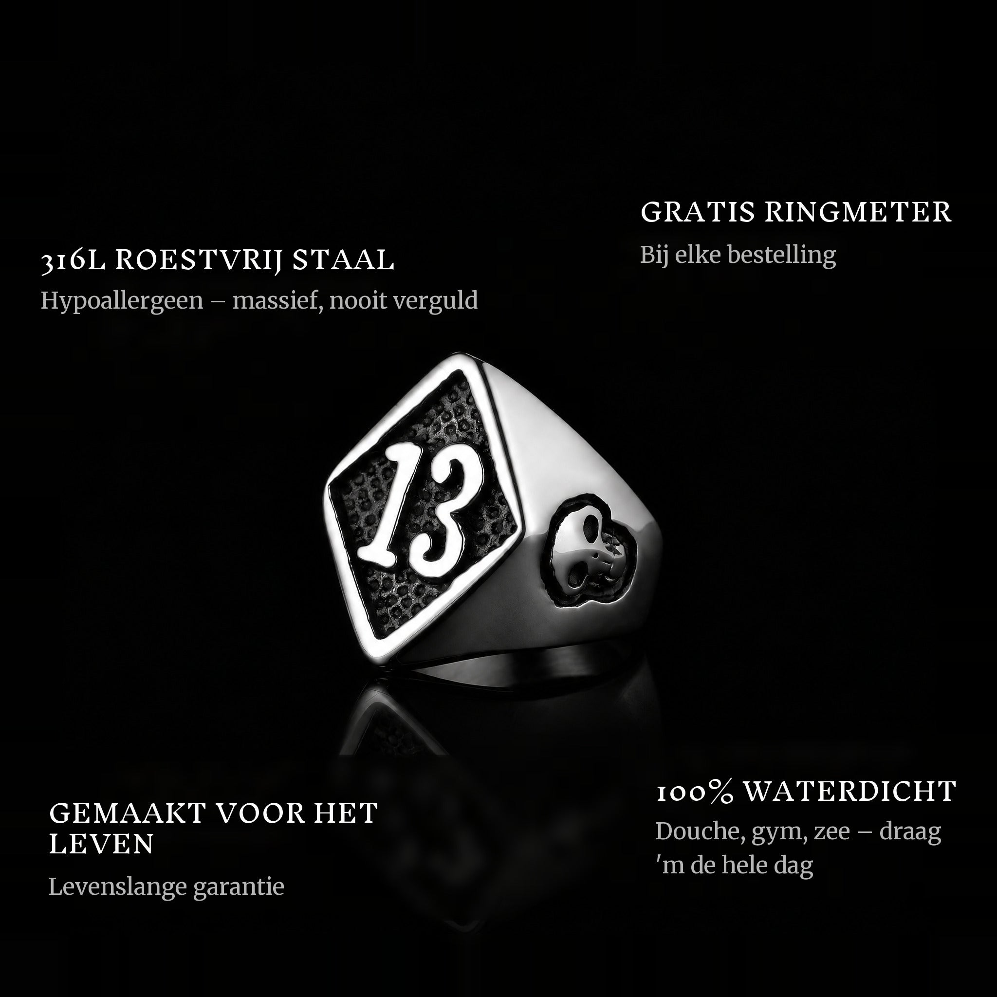 Lucky Luc ring features: 316L stainless steel, free ring sizer in every order, 100% waterproof, lifetime guarantee