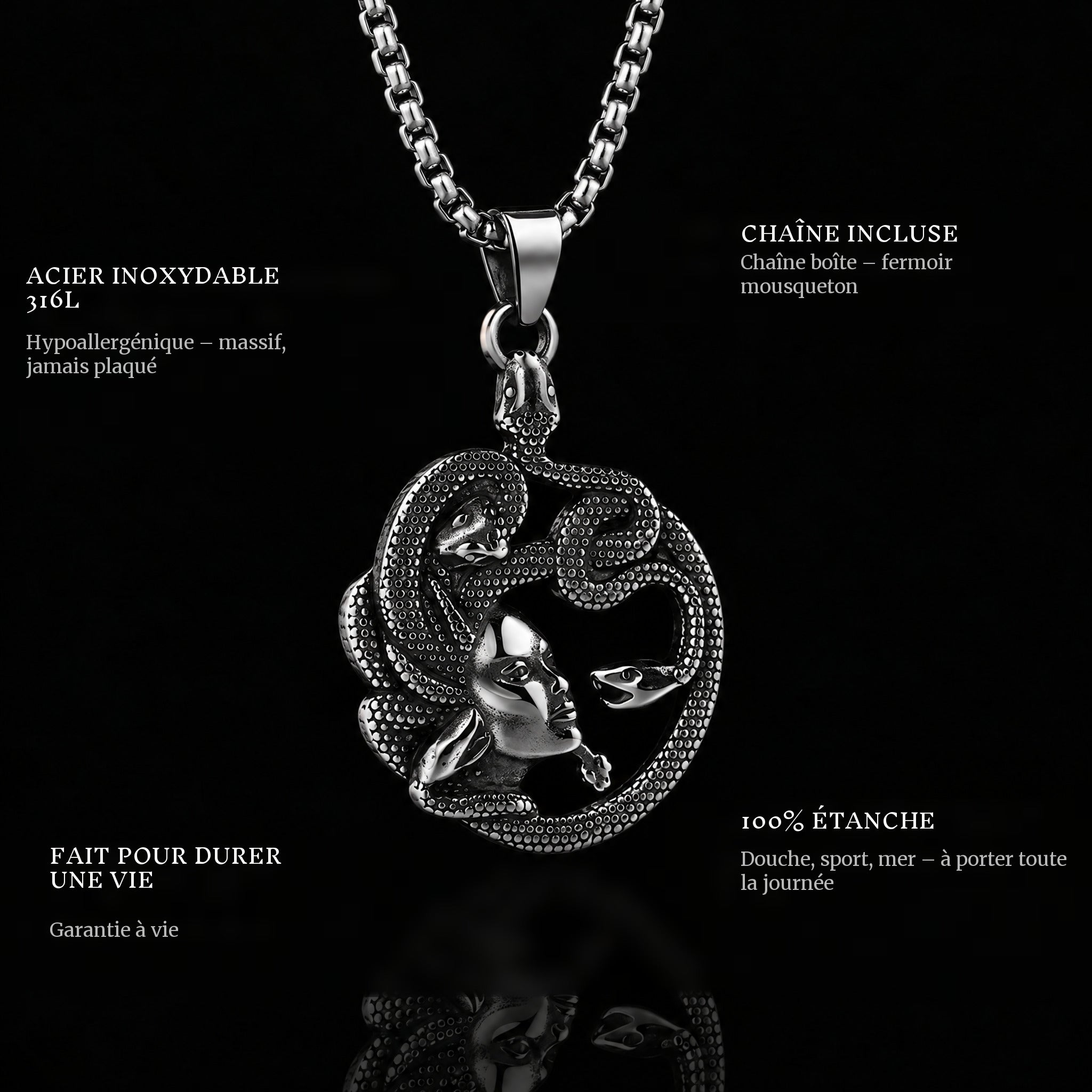 Medusa pendant features: 316L stainless steel, chain included, 100% waterproof, lifetime guarantee