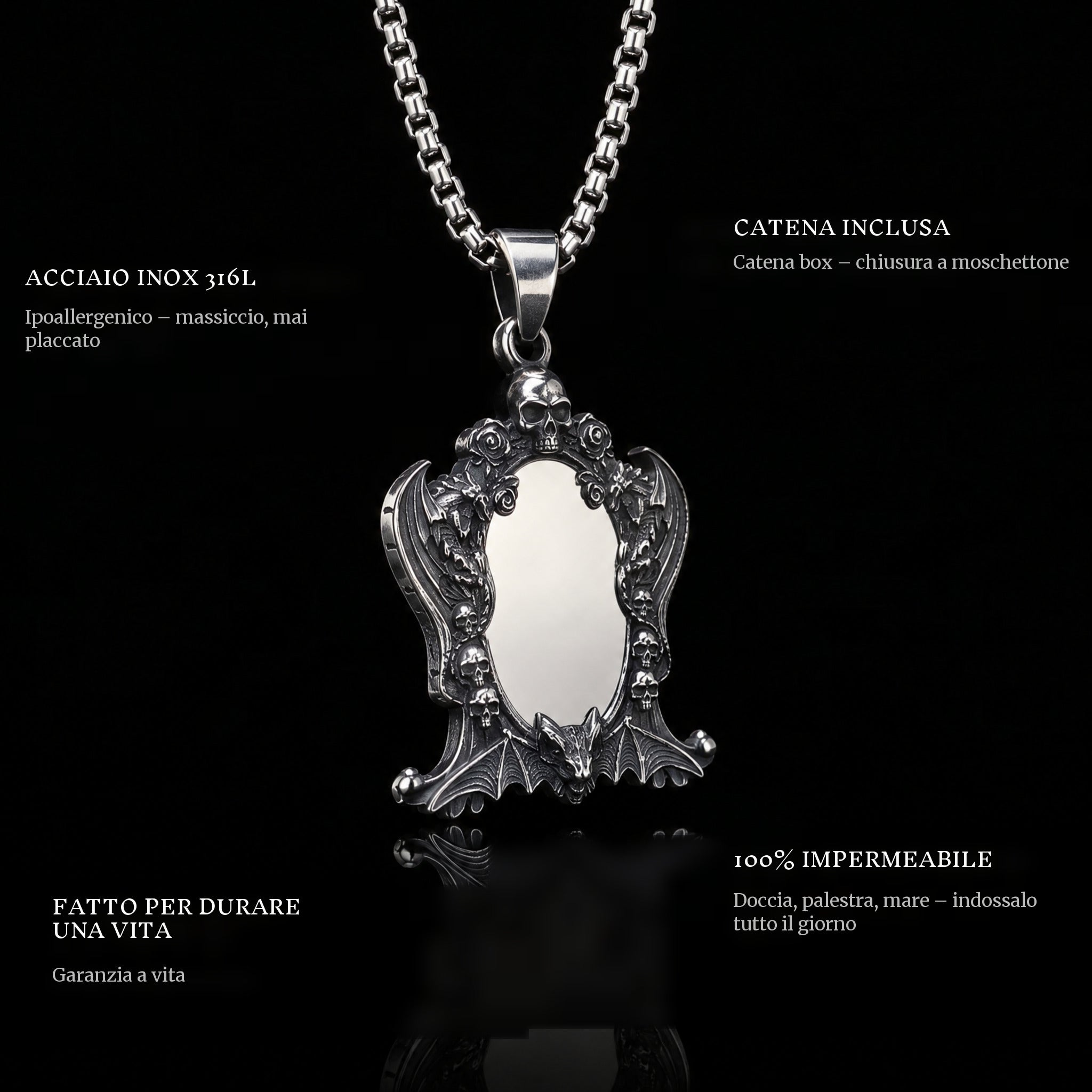 Mirror Of Souls pendant features: 316L stainless steel, chain included, 100% waterproof, lifetime guarantee