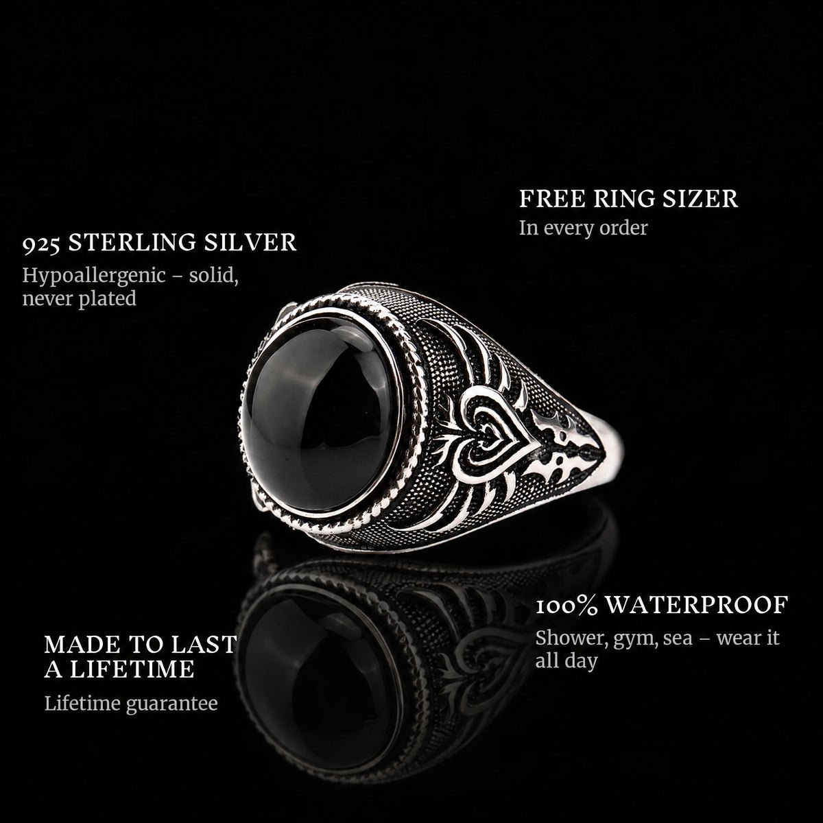 Black Monarch ring features: 925 sterling silver, free ring sizer in every order, 100% waterproof, lifetime guarantee