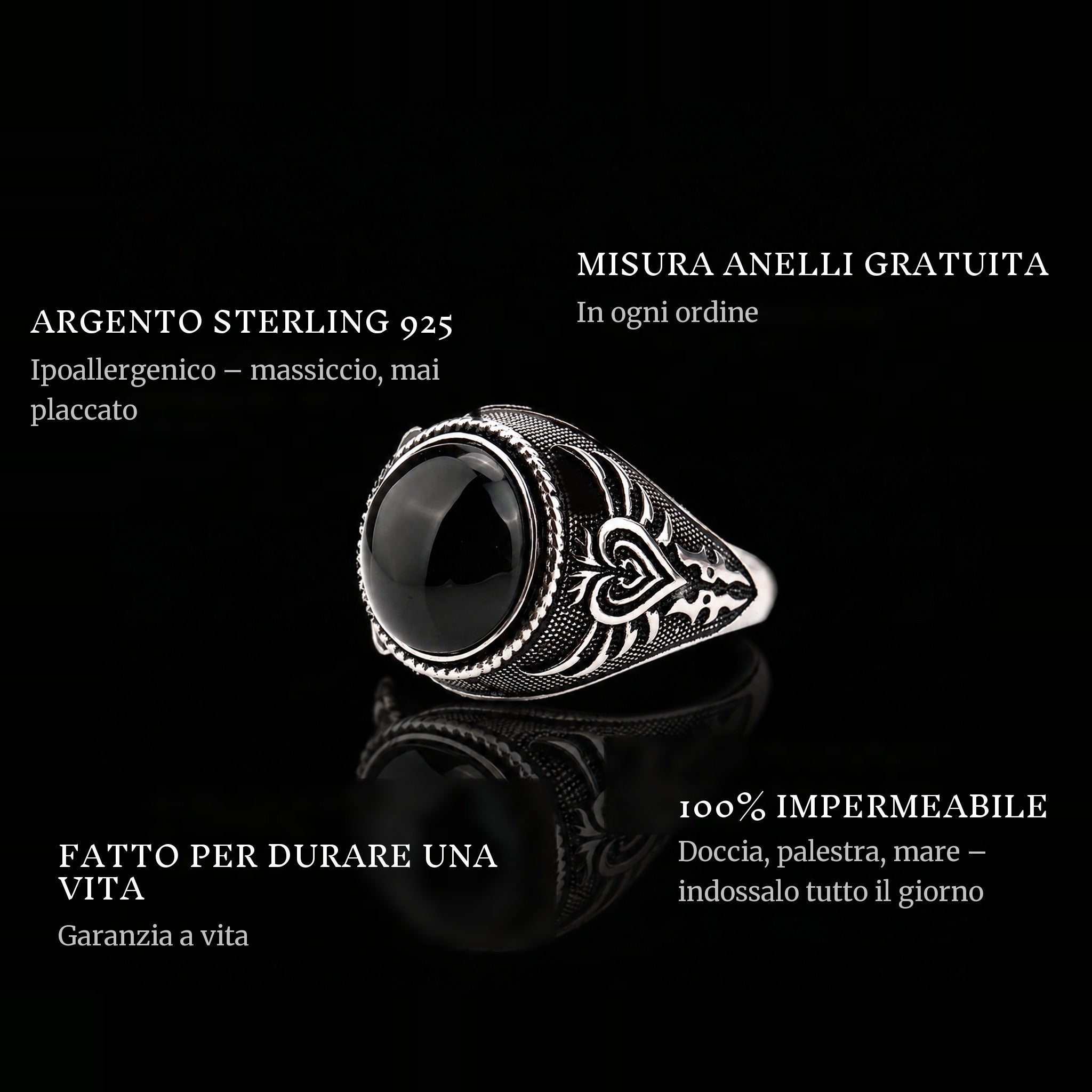Black Monarch ring features: 925 sterling silver, free ring sizer in every order, 100% waterproof, lifetime guarantee