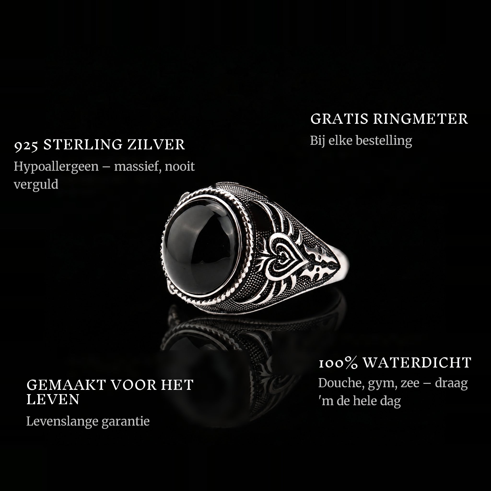 Black Monarch ring features: 925 sterling silver, free ring sizer in every order, 100% waterproof, lifetime guarantee