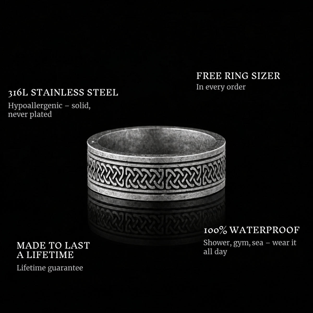 Old Norse ring features: 316L stainless steel, free ring sizer in every order, 100% waterproof, lifetime guarantee